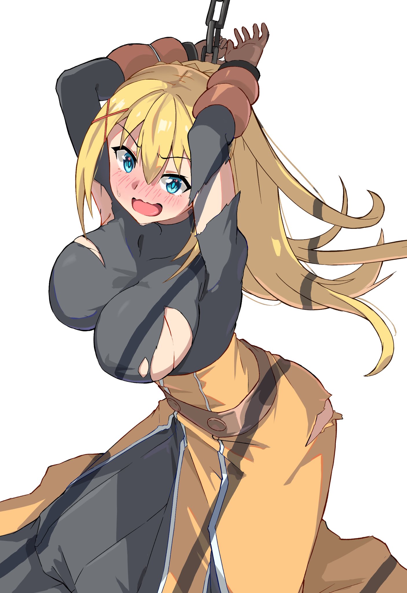 onabe915, darkness (konosuba), kono subarashii sekai ni shukufuku wo!, commentary request, highres, 1girl, arms up, bdsm, black bodysuit, blonde hair, blue eyes, blush, bodysuit, breasts, dress, hair between eyes, hair ornament, large breasts, long hair, looking at viewer, open mouth, ponytail, restrained, shadow, solo, torn bodysuit, torn clothes, x hair ornament