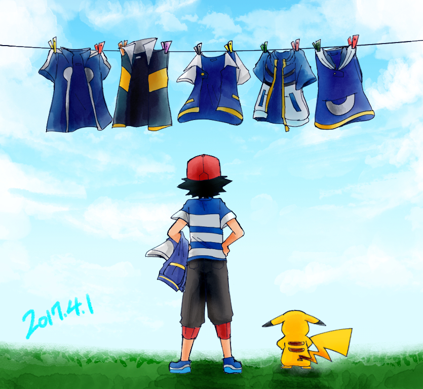 teppo, ash ketchum, pikachu, nintendo, pokemon, pokemon (anime), pokemon (classic anime), pokemon bw (anime), pokemon dppt (anime), pokemon rse (anime), pokemon sm (anime), pokemon xy (anime), commentary request, 1boy, black hair, black pants, blue shoes, blue sky, clothes pin, clothesline, cloud, dated, day, from behind, full body, gen 1 pokemon, grass, hands on own hips, hat, holding, holding jacket, holding unworn clothes, holding unworn jacket, jacket, male focus, outdoors, pants, pokemon (creature), red hat, shirt, shoes, short hair, short sleeves, sky, standing, striped clothes, striped shirt, unworn jacket, unworn vest, vest