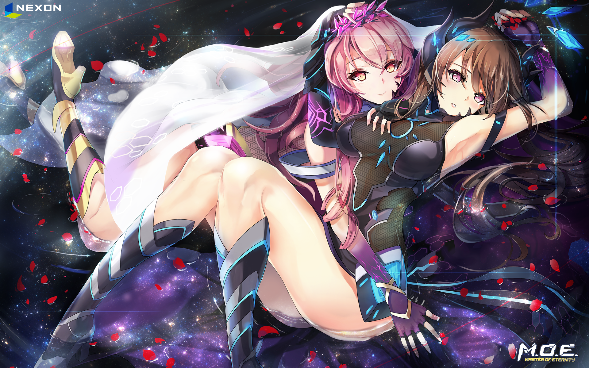 master of eternity, bad source, highres, official art, 2girls, arm up, armpits, bare legs, black gloves, black leotard, boots, breasts, brown hair, company logo, copyright logo, copyright name, corruption, dark persona, fingerless gloves, gem, gloves, hand on another's chest, hand on another's head, high heels, knee boots, leahs (master of eternity), leotard, long hair, looking at viewer, lying, medium breasts, multiple girls, nya (master of eternity), on back, orange eyes, parted lips, partially submerged, petals, petals on liquid, pink gemstone, pink hair, purple eyes, red petals, smile, veil, white veil