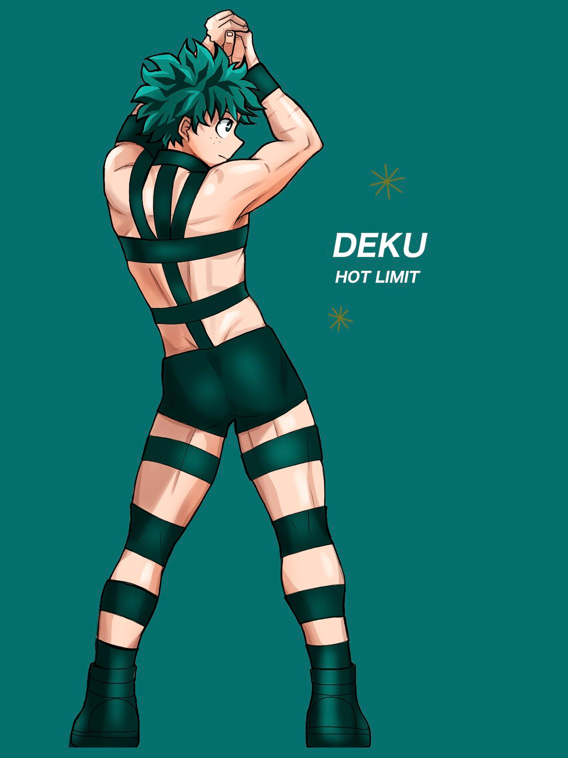 midoriya izuku, boku no hero academia, 1boys, ass, back, bare back, freckles, green eyes, green hair, legs, ma10rumi, no shirt, pants, smile, tight clothes, tight pants, tight shorts, toned, toned male