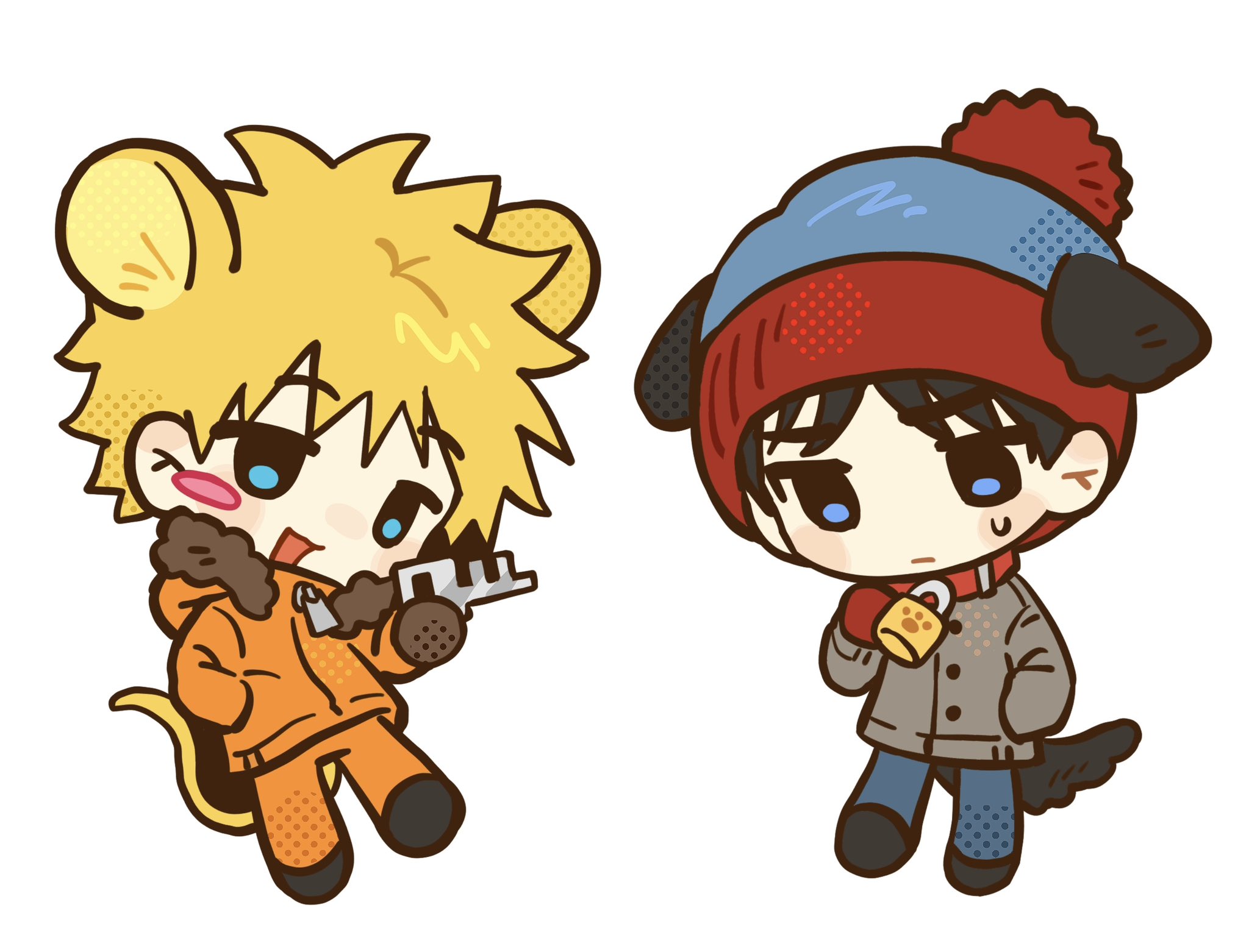 chun baii, kenny mccormick, stan marsh, south park, commentary, highres, symbol-only commentary, 2boys, animal collar, animal ears, animification, beanie, black hair, blonde hair, blue eyes, blush stickers, chibi, collar, dog boy, dog ears, dog tail, ears through headwear, full body, fur-trimmed hood, fur trim, gloves, hand in pocket, hat, hood, hood down, jacket, key, lock, male focus, mouse boy, mouse ears, mouse tail, multiple boys, open mouth, parka, pom pom (clothes), pom pom beanie, short hair, single blush sticker, smile, sweat, tail