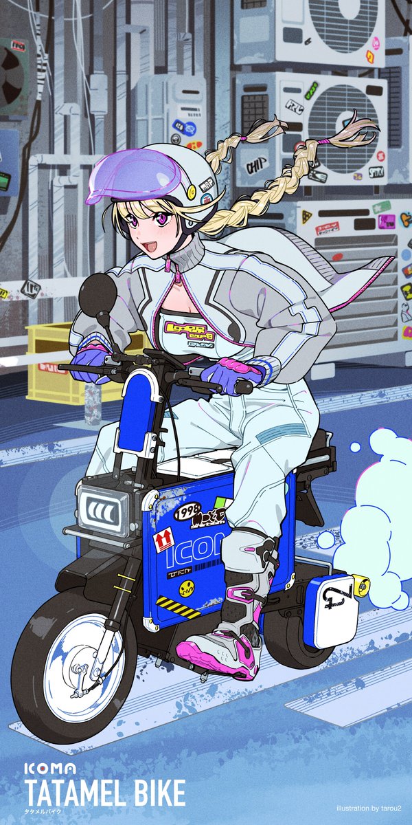 tarou2, highres, 1girl, blonde hair, blue gloves, braid, breasts, copyright name, gloves, grey jacket, horse tail, jacket, motor vehicle, open mouth, red eyes, scooter, tail, twin braids