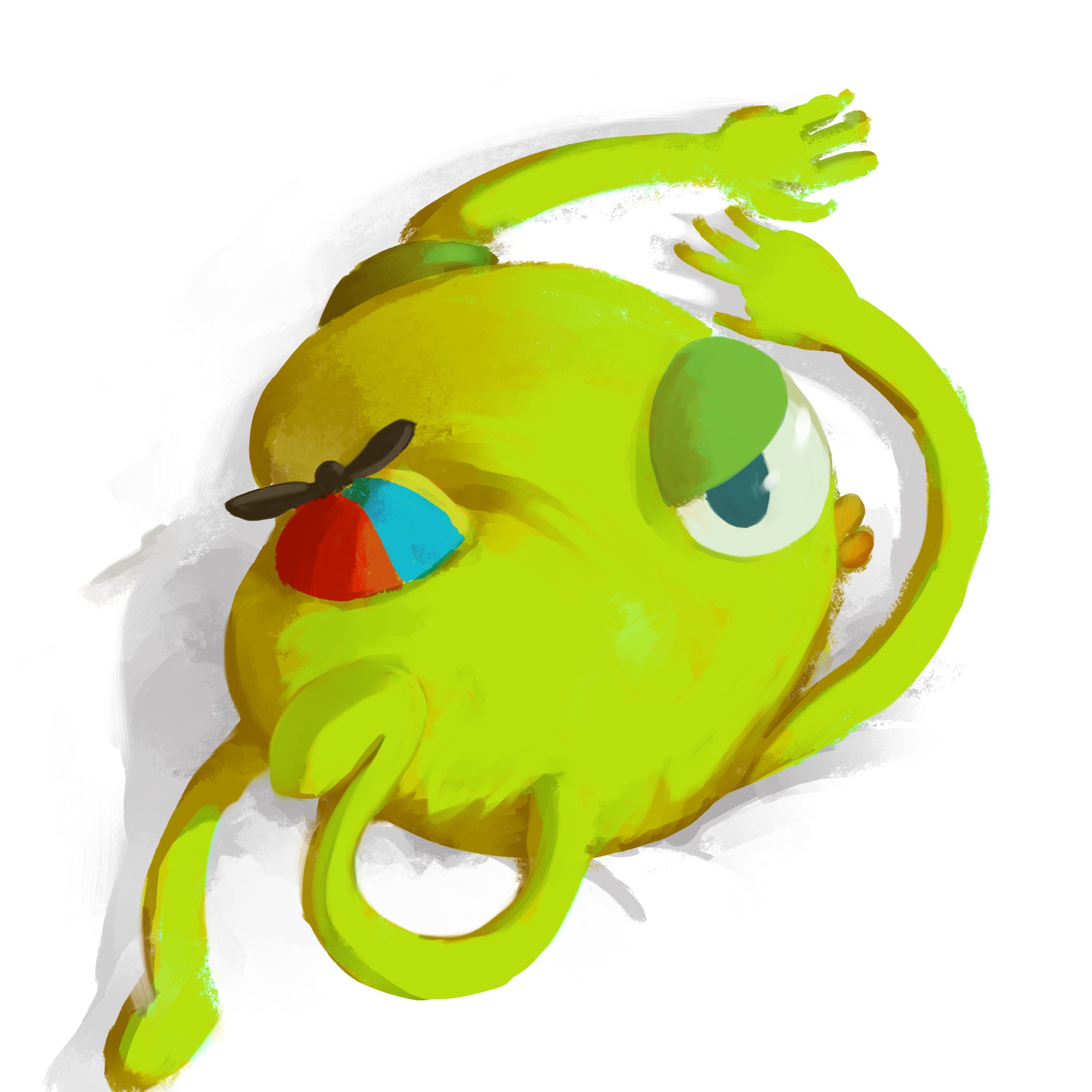 stick drawing, peak (game), highres, bing bong (peak), green eyes, half-closed eyes, lying, no humans, on stomach, propeller hat, solo