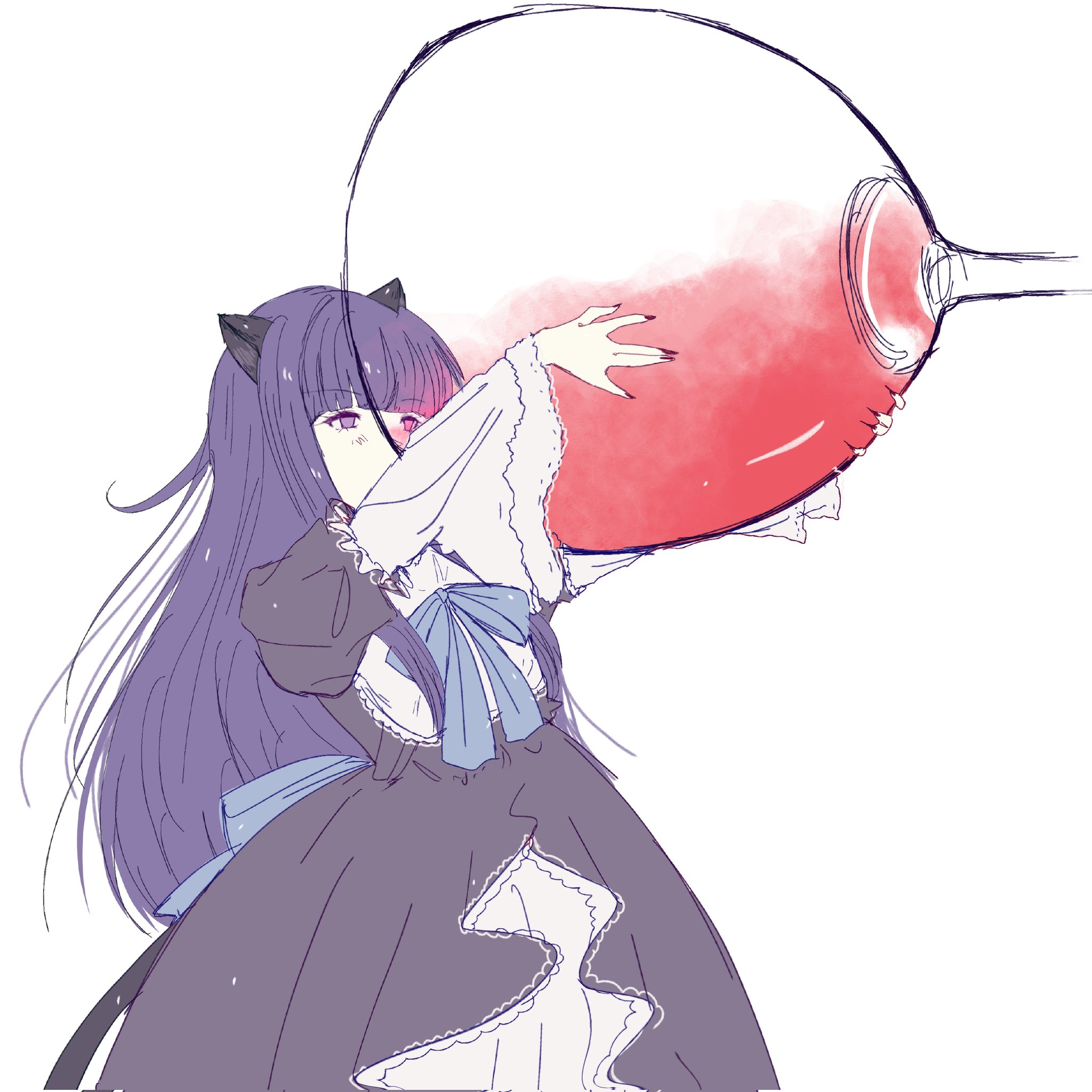 seacatscrying, frederica bernkastel, umineko no naku koro ni, commentary, highres, 1girl, alcohol, animal ears, back bow, blue hair, blunt bangs, bow, cat ears, cat girl, cat tail, cup, dress, drinking, drinking glass, long hair, long sleeves, nail polish, oversized object, purple eyes, solo, tail, very long hair, wine, wine glass