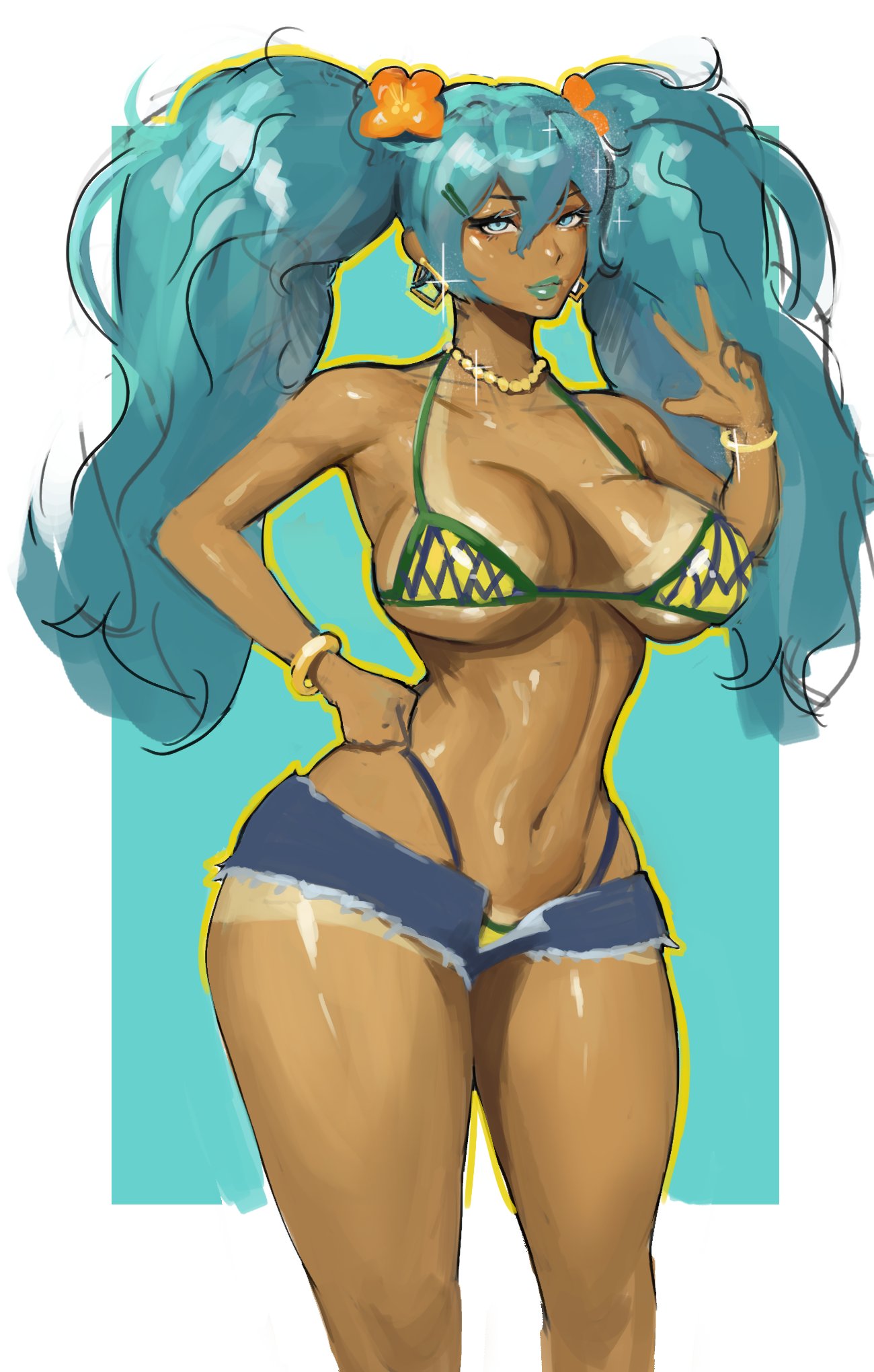 beuto, brazilian miku, hatsune miku, vocaloid, highres, 1girl, aqua hair, bare shoulders, bead choker, beads, bikini, bracelet, brazilian flag, brazilian flag print, breasts, cleavage, collarbone, dark-skinned female, dark skin, earrings, flag print, flower, gold bracelet, hair flower, hair ornament, jewelry, large breasts, long hair, looking at viewer, navel, rectangular earrings, shaka sign, shiny skin, shorts, shorts tan, smile, solo, swimsuit, tan, tanline, tanline peek, thick thighs, thighs, twintails, yellow bikini