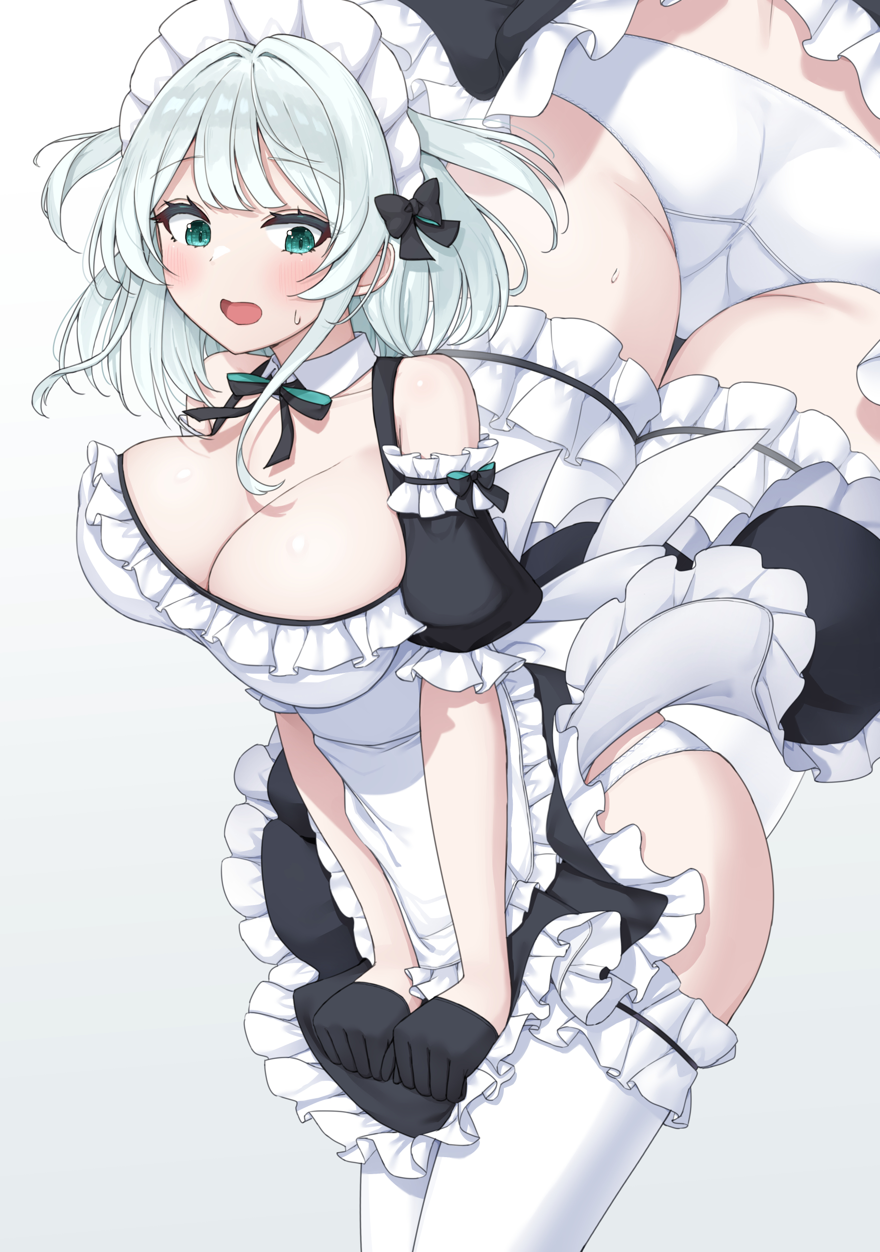 asigaru3000, original, absurdres, commentary request, highres, 1girl, apron, black gloves, black sleeves, breasts, cleavage, detached collar, detached sleeves, frilled apron, frilled thigh strap, frills, gloves, green eyes, hair intakes, half gloves, large breasts, light blush, looking down, maid, maid apron, maid headdress, medium hair, open mouth, panties, puffy short sleeves, puffy sleeves, short sleeves, simple background, solo, standing, thigh strap, thighhighs, underwear, white apron, white background, white panties, white thighhighs