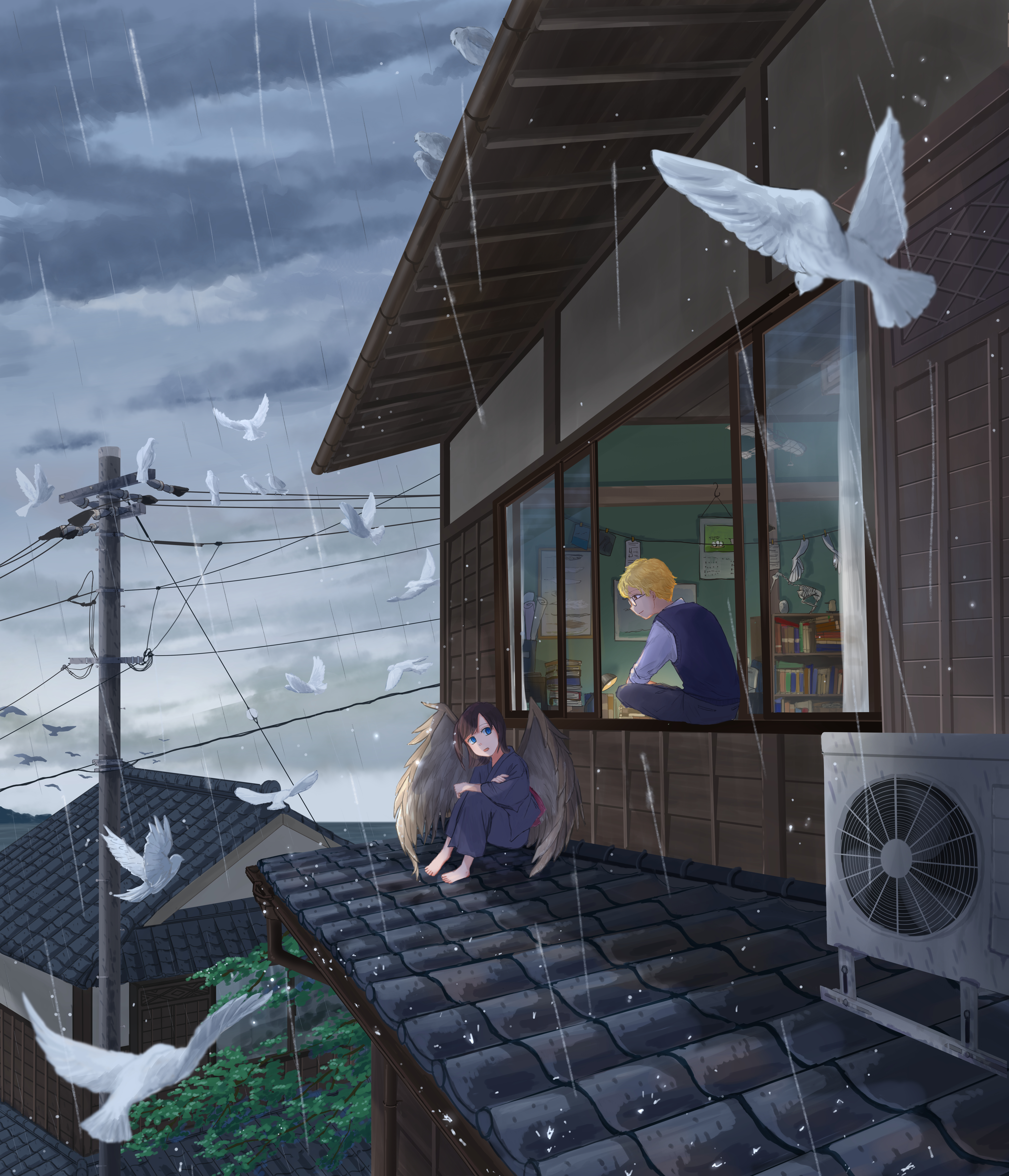 santo moco, original, absurdres, commentary request, highres, 1boy, 1girl, barefoot, bird, black hair, black wings, blonde hair, blue eyes, blue kimono, blue shirt, blue sweater vest, building, condenser unit, feathered wings, flock, glasses, house, japanese clothes, kimono, knees up, long sleeves, looking at another, looking to the side, on roof, on windowsill, open window, outdoors, overcast, pigeon, power lines, rain, round eyewear, shirt, short hair, sitting, sky, slice of life, sweater vest, tile roof, utility pole, very short hair, white bird, wide shot, window, wings