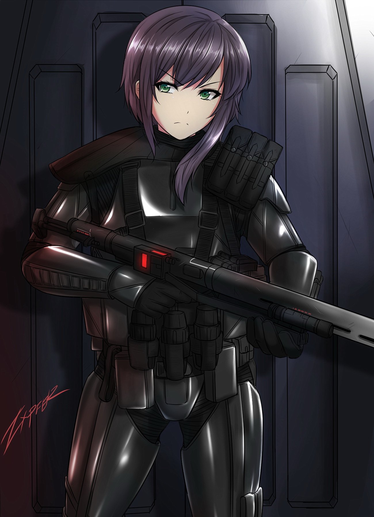 zxpfer, stormtrooper, star wars, highres, 1girl, armor, artist name, automatic door, belt, black armor, black hair, deathtrooper, galactic empire (star wars), green eyes, gun, holding, holding gun, holding weapon, light frown, looking to the side, pouch, science fiction, short hair, signature, single sidelock, swept bangs, utility belt, weapon