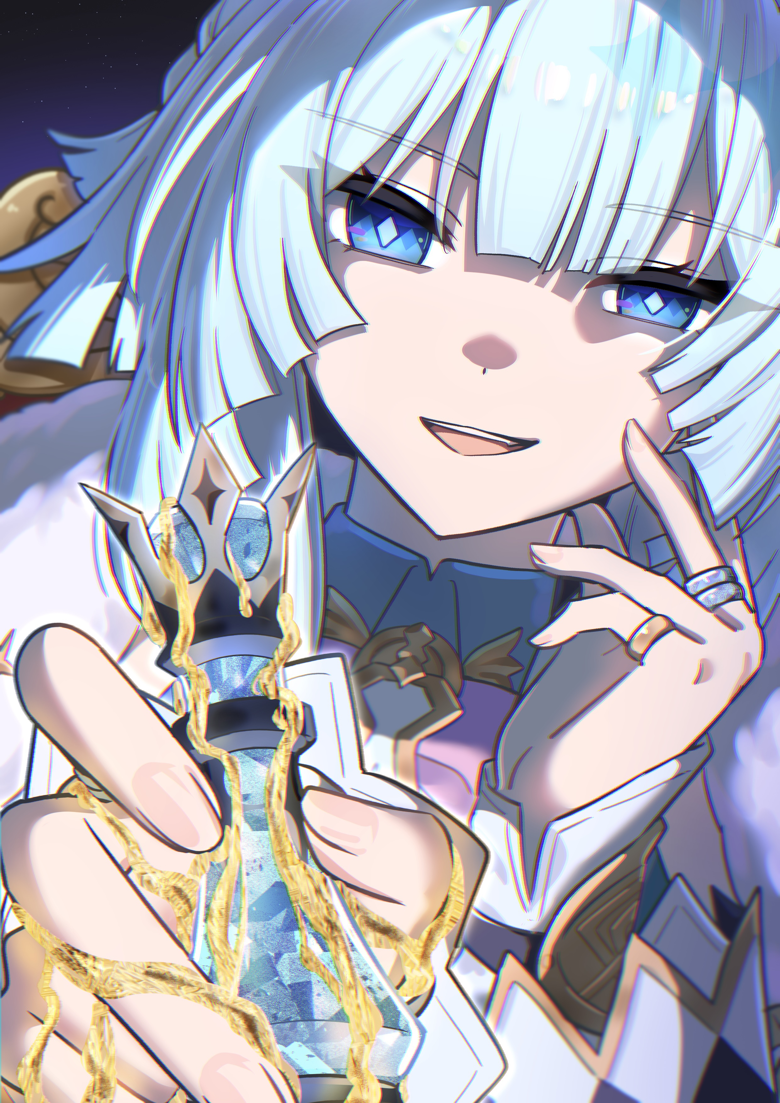 ka (ka p019), cerydra (honkai: star rail), honkai: star rail, honkai (series), absurdres, highres, 1girl, blue eyes, chess piece, diamond-shaped pupils, diamond (shape), dot nose, holding, holding chess piece, jewelry, king (chess), long hair, long sleeves, looking at viewer, open mouth, ring, smile, solo, symbol-shaped pupils