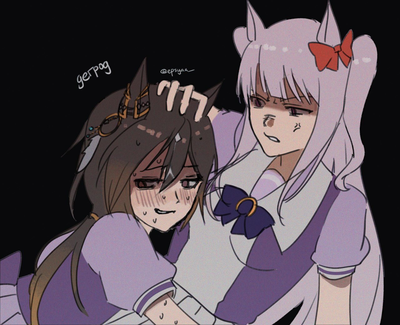 stay gold (umamusume), original, umamusume, commentary request, 2girls, anger vein, animal ears, averting eyes, black background, black hair, blunt bangs, blunt ends, blunt tresses, bow, bowtie, brown hair, choppy bangs, ear bow, ear ornament, earrings, epsyaa, feather earrings, feathers, hair between eyes, hair bow, hand on another's head, horse ears, horse girl, horseshoe ornament, jewelry, long hair, looking to the side, multicolored hair, multiple girls, nervous, parted lips, pleated skirt, point flag (racehorse), ponytail, puffy short sleeves, puffy sleeves, purple bow, purple bowtie, purple eyes, purple hair, purple shirt, red bow, russian commentary, sailor collar, sailor shirt, school uniform, shaded face, shirt, short sleeves, sidelocks, signature, simple background, skirt, smile, streaked hair, summer uniform, sweat, tracen school uniform, twintails, upper body, very long hair, white hair, white sailor collar, white skirt