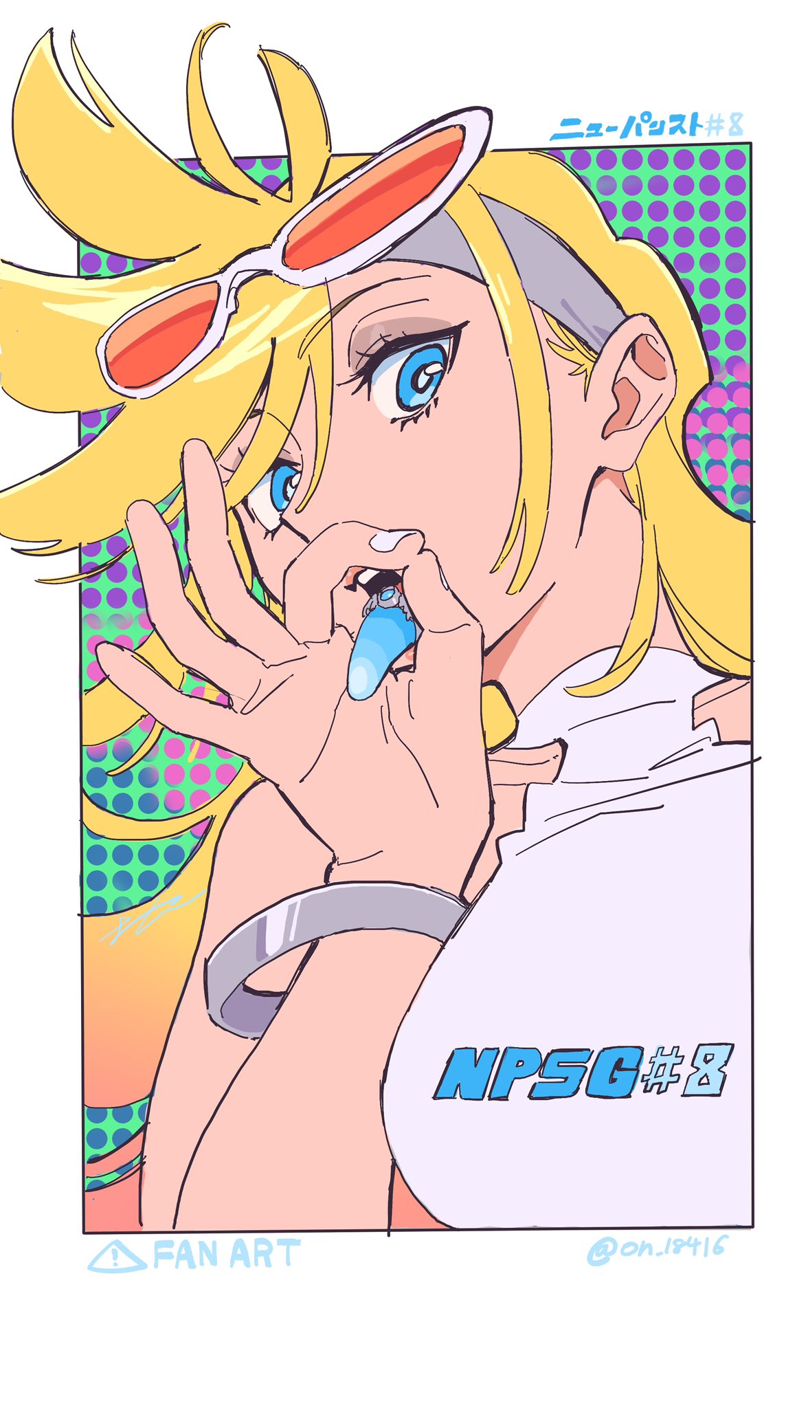 ontama, panty (psg), panty & stocking with garterbelt, commentary request, highres, 1girl, blue eyes, colored tongue, copyright name, eyewear on head, long hair, looking at viewer, tongue, tongue out