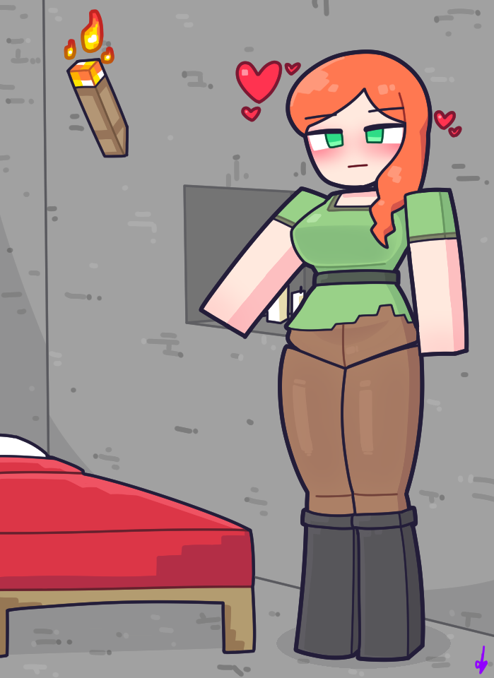 kozatchu, alex (minecraft), minecraft, commentary, english commentary, variant set, 1girl, bed, bed invitation, belt, black boots, blush, boots, box body, breasts, brown pants, closed mouth, dialogue box, english text, green eyes, green shirt, heart, indoors, large breasts, long hair, looking at viewer, minecraft (style), orange hair, pants, pointing, pointing at object, shirt, short sleeves, solo, standing, swept bangs, torch
