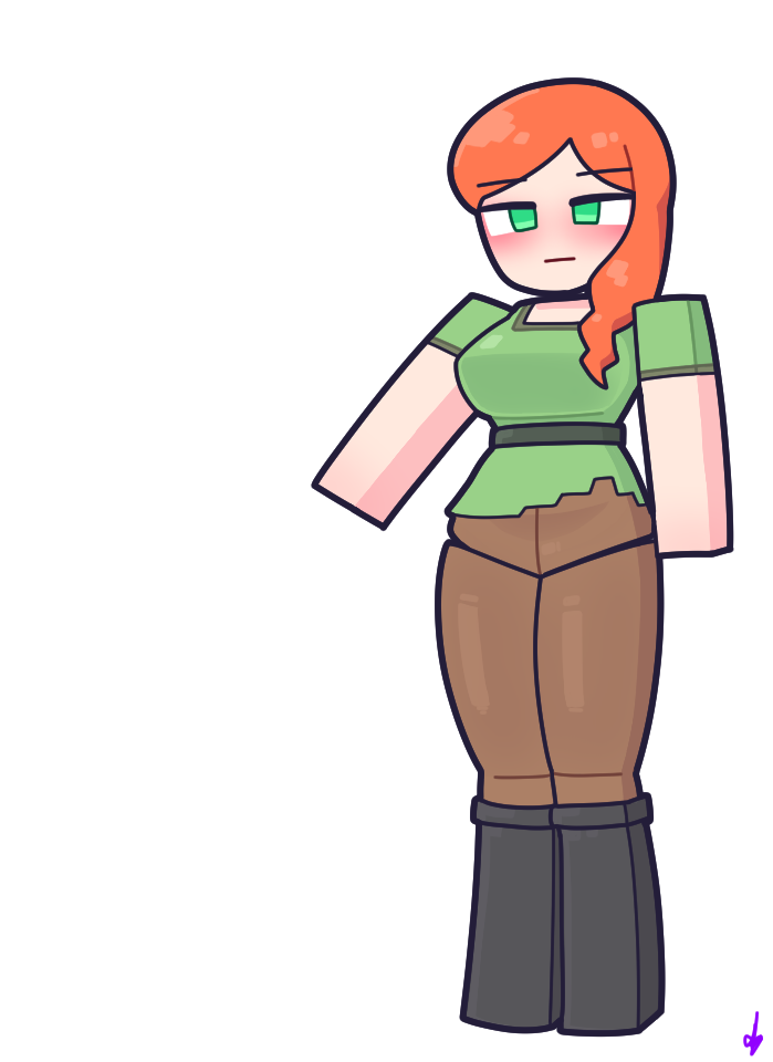 kozatchu, alex (minecraft), minecraft, commentary, english commentary, variant set, 1girl, belt, black boots, blush, boots, box body, breasts, brown pants, closed mouth, green eyes, green shirt, large breasts, long hair, looking at viewer, minecraft (style), orange hair, pants, pointing, shirt, short sleeves, simple background, solo, standing, swept bangs, white background
