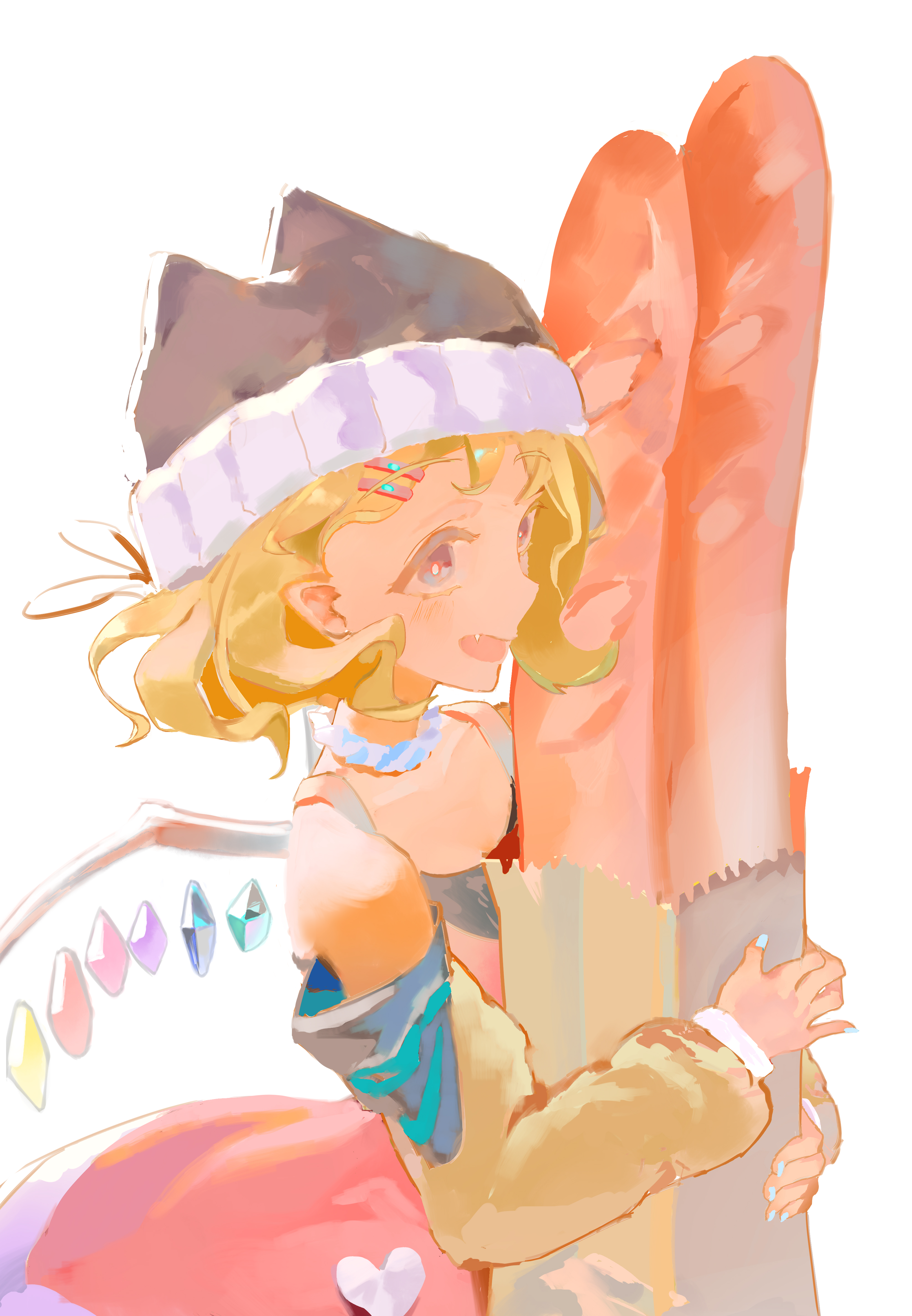 mi 88086035, flandre scarlet, touhou, absurdres, commentary request, highres, 1girl, alternate costume, bag, baguette, bare shoulders, blonde hair, blush, bow, bread, crystal wings, detached sleeves, food, hair ornament, hat, long sleeves, looking at viewer, open mouth, paper bag, short hair, side ponytail, simple background, smile, solo, upper body, white background, wings