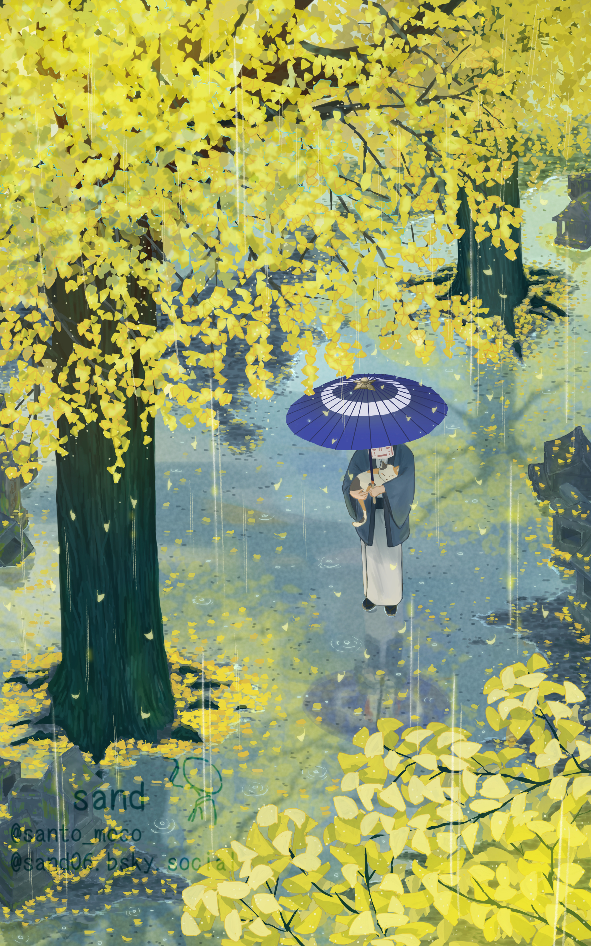 santo moco, original, absurdres, commentary request, highres, 1other, ambiguous gender, animal, aqua haori, artist name, autumn, autumn leaves, blue umbrella, bluesky username, cat, from above, ginkgo tree, haori, holding, holding animal, holding umbrella, japanese clothes, kimono, leaf, long sleeves, oil-paper umbrella, outdoors, pet, rain, reflection, reflective surface, scenery, sleeping animal, standing, umbrella, watermark, white kimono, wide shot, wide sleeves