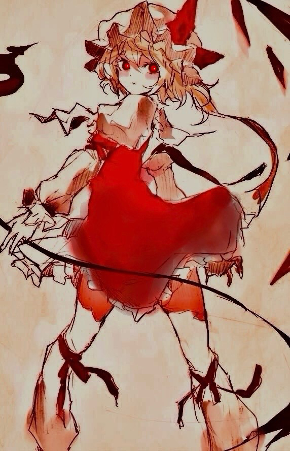 flandre scarlet, touhou, commentary request, 1girl, ascot, blonde hair, crystal, crystal wings, hat, hat ribbon, laevatein (touhou), looking at viewer, mayoneezusoosu, mob cap, puffy short sleeves, puffy sleeves, red eyes, red skirt, ribbon, short hair, short sleeves, side ponytail, skirt, solo, wings, wrist cuffs