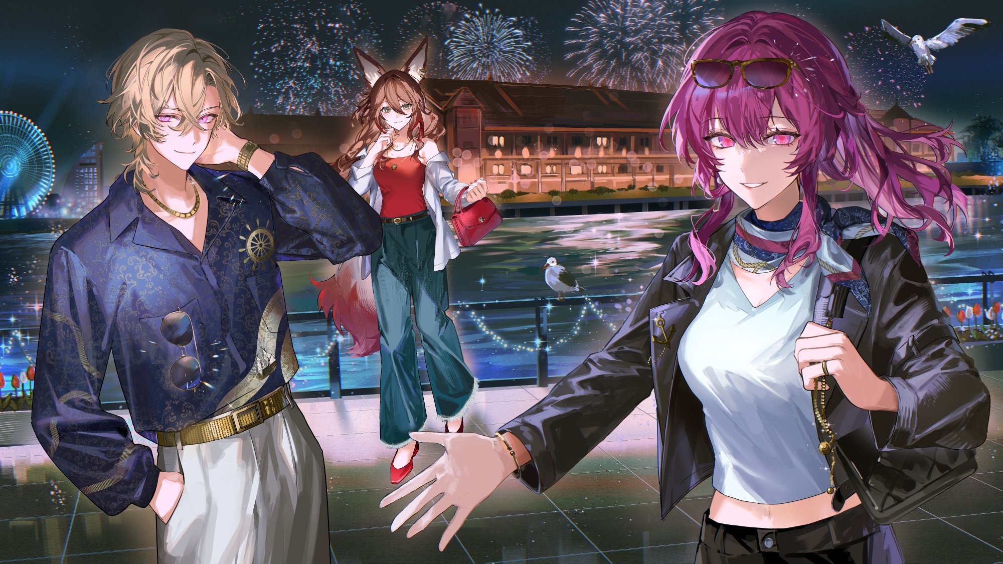 ueauwa, aventurine (honkai: star rail), fugue (honkai: star rail), kafka (honkai: star rail), tingyun (honkai: star rail), honkai: star rail, honkai (series), commentary request, highres, 1boy, 2girls, aerial fireworks, animal ear fluff, animal ears, bag, bird, black jacket, black pants, blonde hair, blue pants, blue shirt, breasts, brown hair, eyewear on head, ferris wheel, fireworks, fox ears, fox girl, fox tail, green eyes, guest art, handbag, high heels, holding, holding bag, jacket, long hair, medium breasts, medium hair, multiple girls, night, night sky, outdoors, pants, purple eyes, purple hair, red shirt, river, seagull, shirt, short hair, sky, smile, sunglasses, tail, white jacket, white pants, white shirt