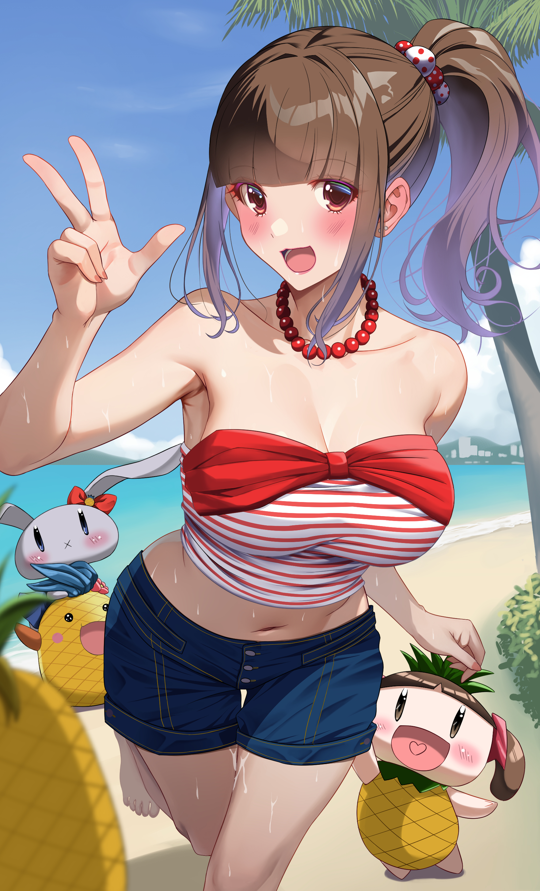 akihiro0920, tamura yukari, real life, absurdres, bad source, commentary request, highres, 1girl, bare shoulders, barefoot, beach, bead necklace, beads, blue shorts, blue sky, blunt bangs, blush, breasts, brown eyes, brown hair, chibi, cleavage, collarbone, day, hair bobbles, hair ornament, heart, heart in mouth, jewelry, large breasts, long hair, looking at viewer, midriff, navel, necklace, outdoors, palm tree, pineapple costume, ponytail, shorts, sidelocks, sky, solo focus, striped tube top, sweat, tree, voice actor, w