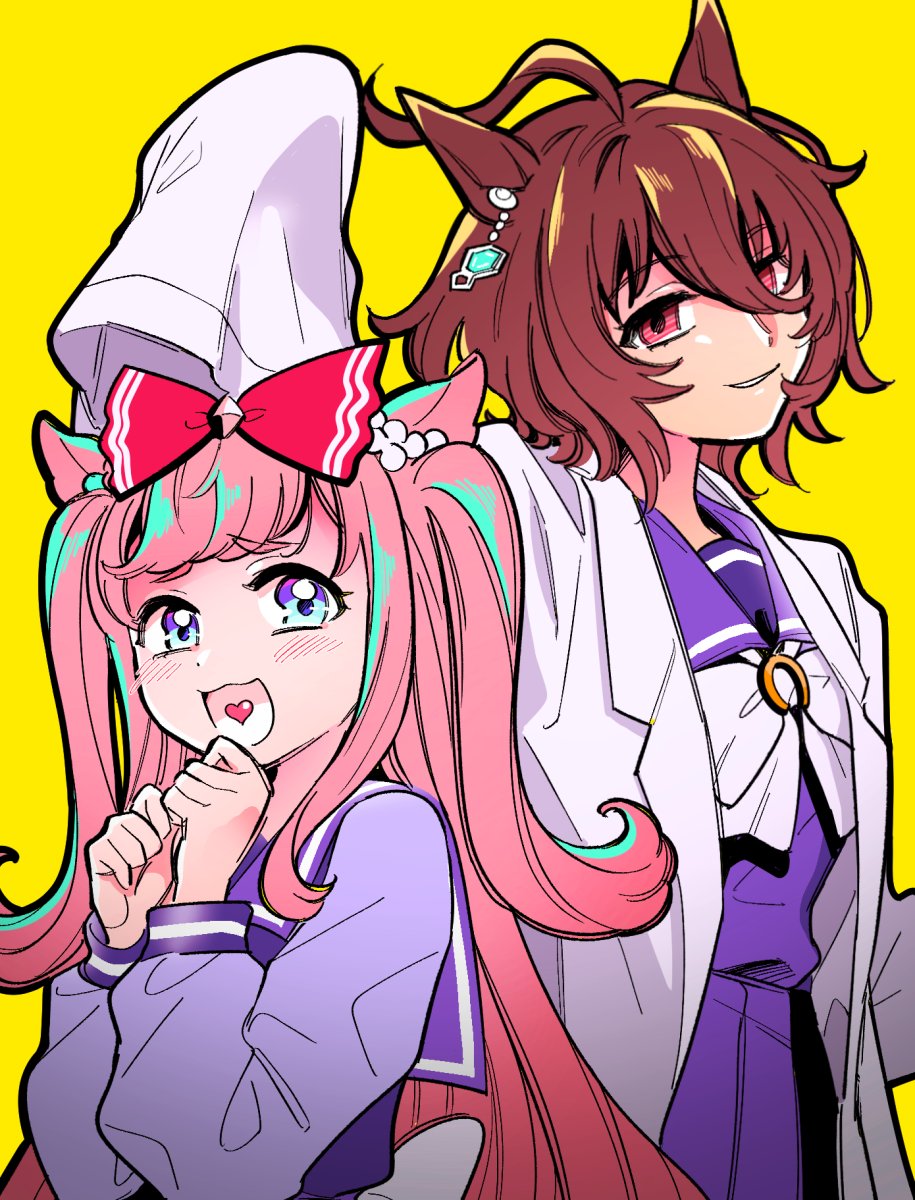 yokuko zaza, agnes digital (umamusume), agnes tachyon (umamusume), umamusume, commentary request, highres, 2girls, :3, ahoge, animal ears, blue eyes, bow, brown hair, coat, earrings, empty eyes, hair bow, half-closed eyes, heart, heart in mouth, horse ears, horse girl, jewelry, lab coat, long hair, long sleeves, looking at viewer, looking to the side, multiple girls, open clothes, open coat, open mouth, parted lips, pink eyes, pink hair, school uniform, short hair, single earring, sleeves past fingers, sleeves past wrists, smile, tracen school uniform, two side up, very long hair, yellow background