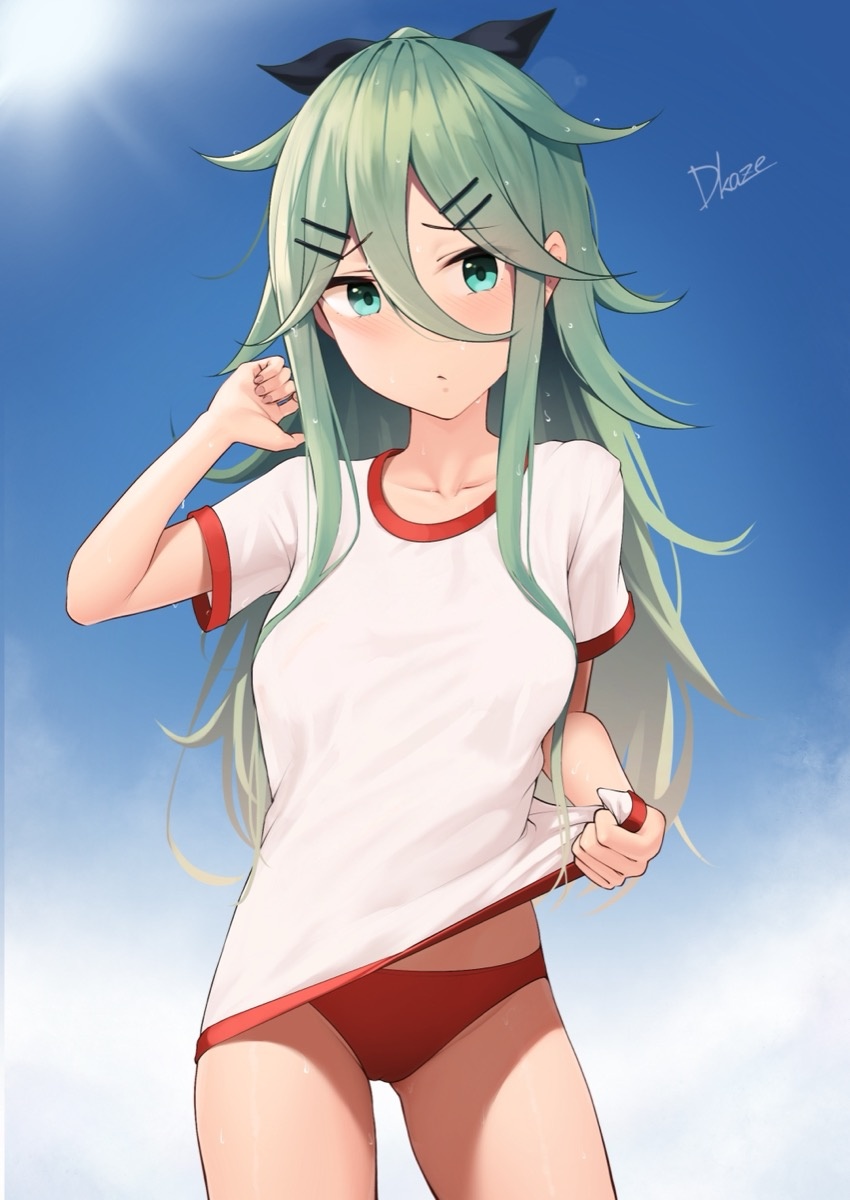 driftkingtw, yamakaze (kancolle), kantai collection, highres, 1girl, black ribbon, blue eyes, blue sky, blush, breasts, buruma, closed mouth, cloud, day, green hair, gym shirt, gym uniform, hair between eyes, hair ornament, hair ribbon, hairclip, long hair, looking at viewer, medium breasts, outdoors, red buruma, ribbon, shirt, short sleeves, sky, solo, white shirt