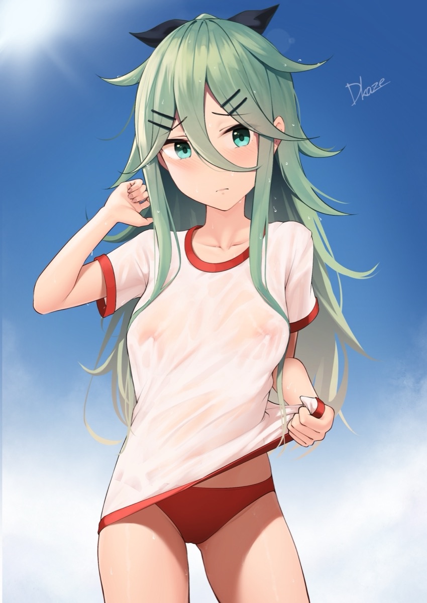 driftkingtw, yamakaze (kancolle), kantai collection, highres, 1girl, black ribbon, blue eyes, blue sky, blush, breasts, buruma, closed mouth, cloud, covered erect nipples, day, green hair, gym uniform, hair ornament, hair ribbon, hairclip, long hair, looking at viewer, medium breasts, nipples, outdoors, red buruma, ribbon, see-through clothes, see-through shirt, shirt, short sleeves, sky, solo, white shirt