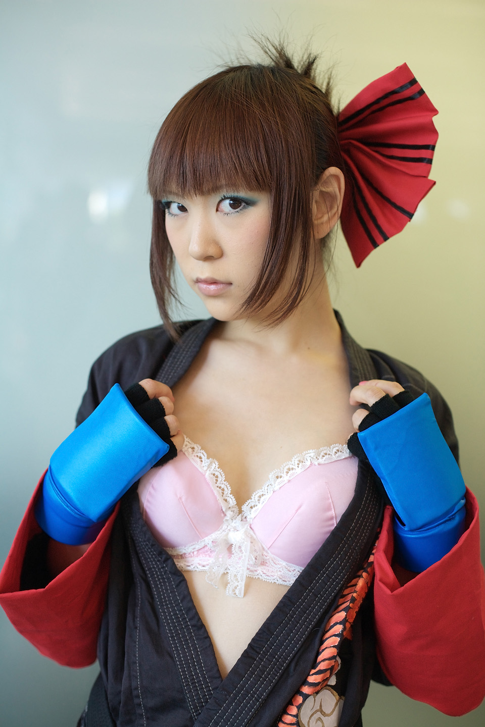 kabi, aihara makoto, rumble roses, striped, highres, photo (medium), bow, bra, cosplay, gloves, hair bow, lingerie, open gi, panties, the black belt demon, underwear
