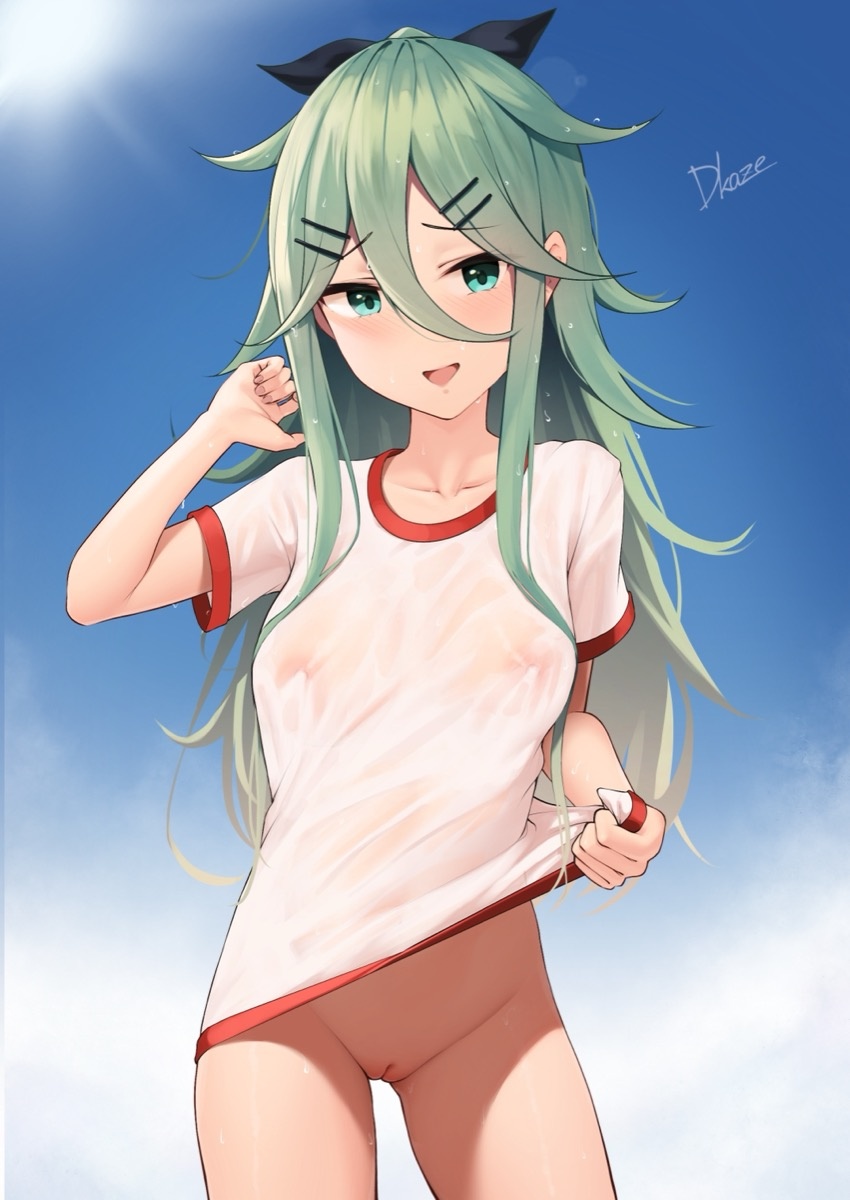 driftkingtw, yamakaze (kancolle), kantai collection, highres, 1girl, black ribbon, blue eyes, blue sky, blush, bottomless, breasts, cloud, covered erect nipples, day, green hair, gym uniform, hair between eyes, hair ornament, hair ribbon, hairclip, long hair, looking at viewer, medium breasts, nipples, open mouth, outdoors, pussy, ribbon, see-through clothes, see-through shirt, shirt, short sleeves, sky, solo, uncensored, white shirt