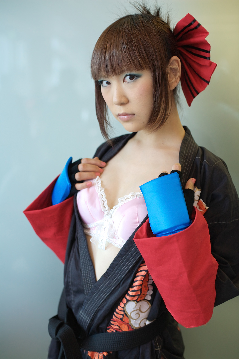 kabi, aihara makoto, rumble roses, highres, photo (medium), bow, bra, cosplay, gloves, hair bow, lingerie, open gi, the black belt demon, underwear