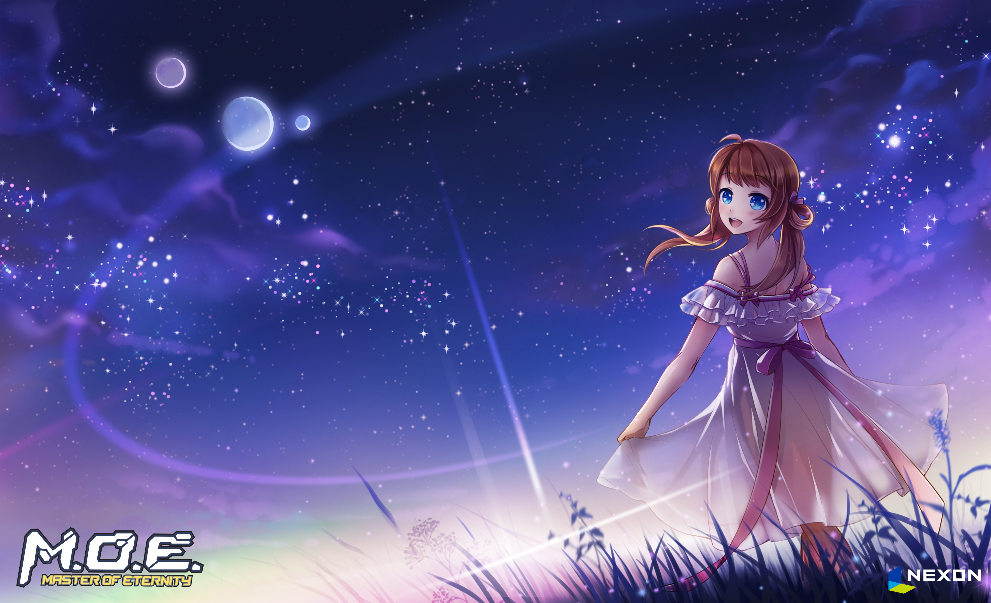 master of eternity, absurdres, bad source, highres, official art, 1girl, :d, ahoge, bare shoulders, blue eyes, brown hair, company logo, copyright logo, copyright name, dress, dutch angle, frilled dress, frills, from behind, grass, hair rings, leahs (master of eternity), long hair, looking at viewer, looking back, night, open mouth, outdoors, planet, see-through clothes, see-through dress, skirt hold, sky, smile, solo, star (sky), starry sky, teeth, upper teeth only, white dress