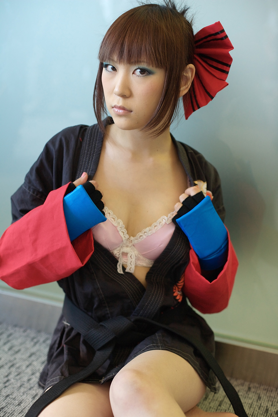 kabi, aihara makoto, rumble roses, highres, photo (medium), bow, bra, cosplay, gloves, hair bow, lingerie, open gi, the black belt demon, underwear