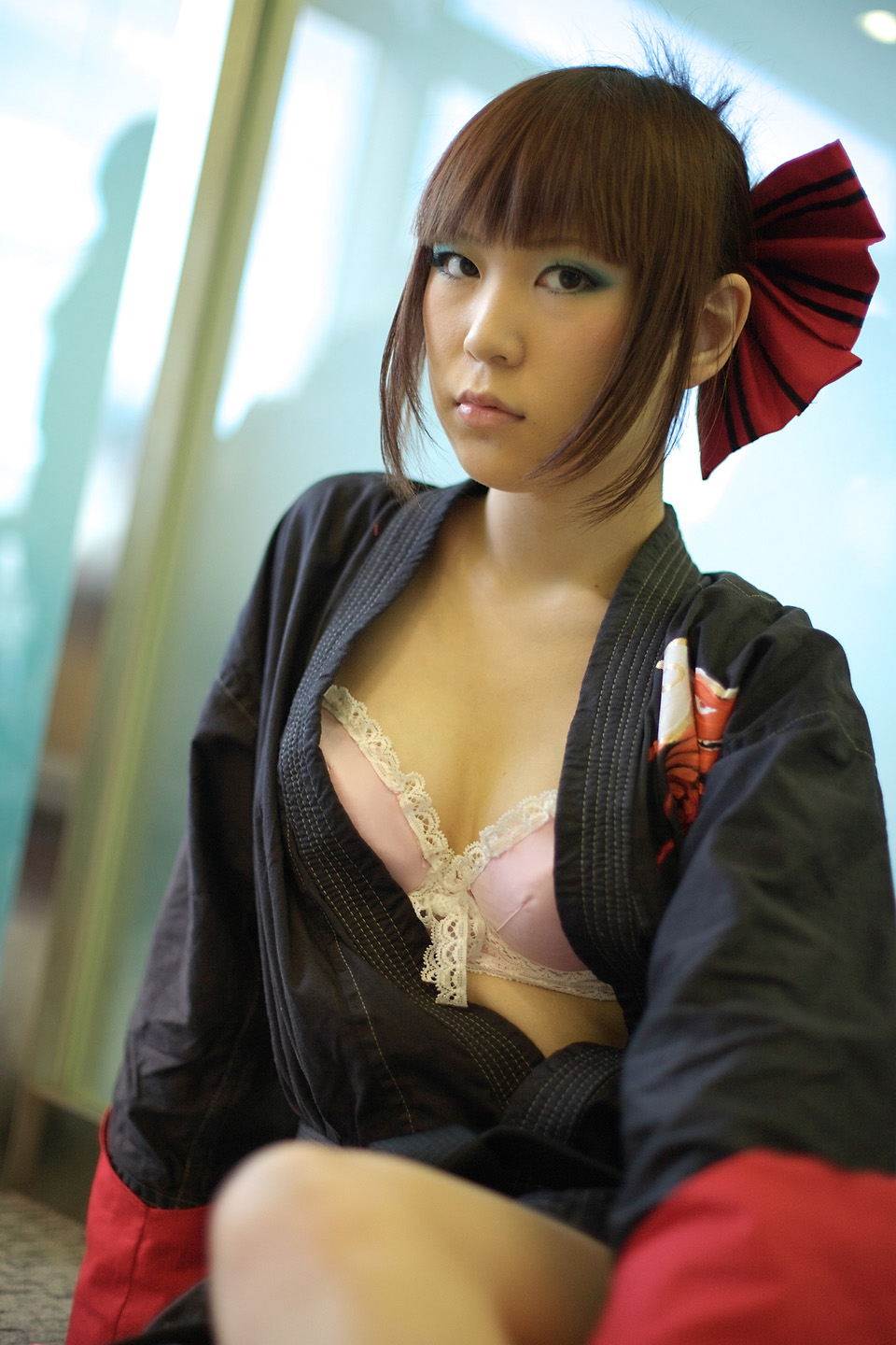 kabi, aihara makoto, rumble roses, highres, photo (medium), bow, bra, cosplay, gloves, hair bow, lingerie, open gi, the black belt demon, underwear