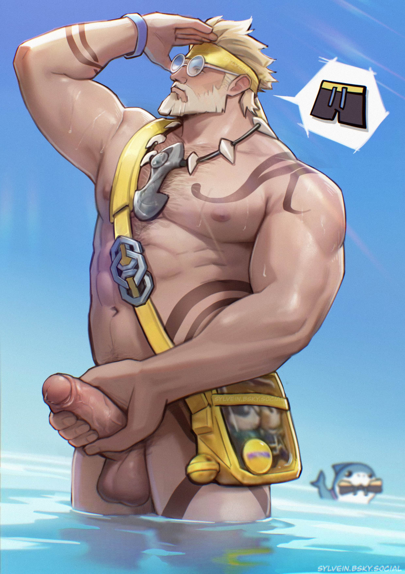 sylvein, jeff (marvel), thor (marvel), thor (worthy waves) (marvel), marvel, marvel rivals, commentary, english commentary, highres, 1boy, abs, bag, bara, bare pectorals, beard, biceps, black male swimwear, blonde hair, body markings, completely nude, erection, facial hair, fins, fish tail, foreskin, hand on own penis, jewelry, looking to the side, male swimwear, muscular, muscular male, navel, necklace, nipples, nude, on water, pectorals, penis, shark, shark fin, shark tail, shoulder bag, speech bubble, spoken object, sunglasses, swept bangs, swim trunks, tail, testicles, tooth necklace