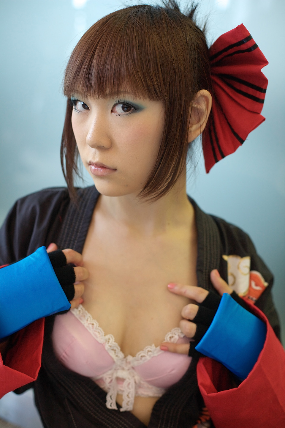 kabi, aihara makoto, rumble roses, highres, photo (medium), bow, bra, cosplay, gloves, hair bow, lingerie, open gi, the black belt demon, underwear