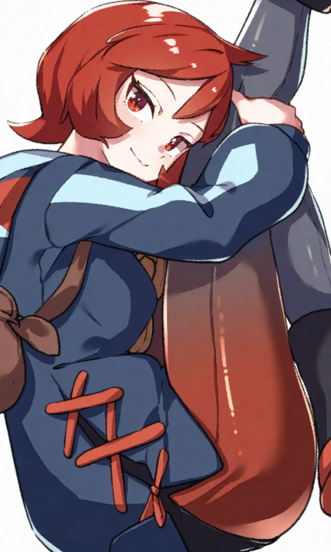 arezu (pokemon), nintendo, pokemon, pokemon legends: arceus, highres, 1girl, blue hoodie, breasts, brown bag, closed mouth, cowlick, diamond clan outfit, gradient legwear, hood, hoodie, leg up, long sleeves, pantyhose, pantyhose under shorts, red eyes, red hair, red pantyhose, short hair, shorts, smile, solo, spynai (klimatic)