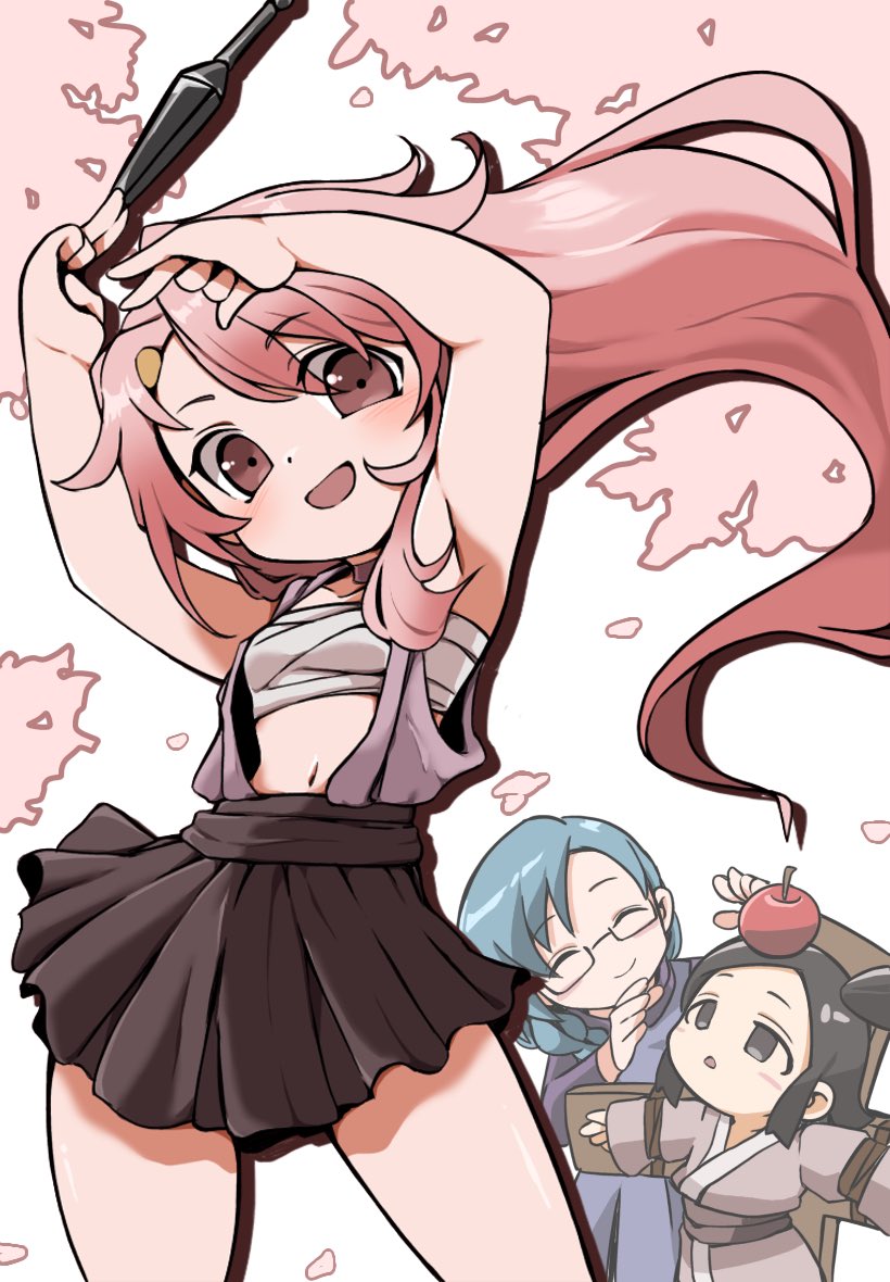 kobawan dam, benisumomo, mizubashou (kunoichi tsubaki no mune no uchi), touwata (kunoichi tsubaki no mune no uchi), kunoichi tsubaki no mune no uchi, commentary request, 3girls, apple, black eyes, black hair, blue hair, braid, breasts, cherry blossoms, chest sarashi, food, fruit, glasses, long hair, looking at viewer, multiple girls, navel, ninja, pink eyes, pink hair, sarashi, skirt, small breasts, smile