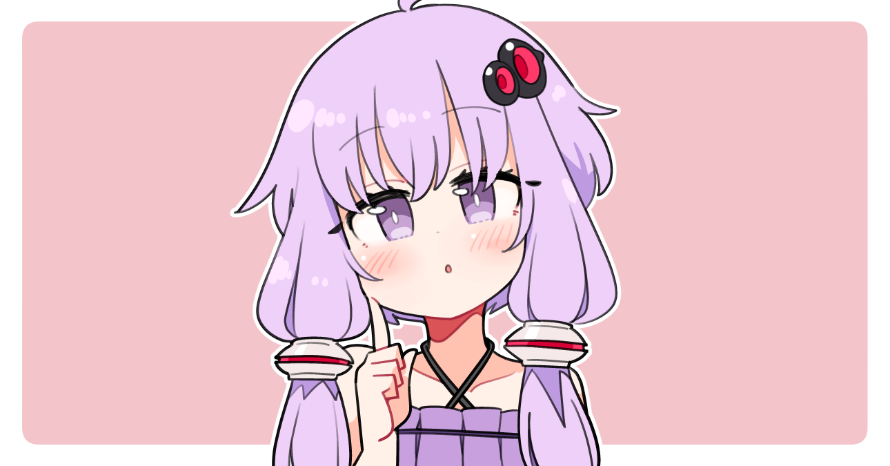 ini (inunabe00), yuzuki yukari, vocaloid, voiceroid, 1girl, ahoge, bare shoulders, blush, border, bright pupils, collarbone, dress, hair ornament, halter dress, halterneck, hand up, index finger raised, long hair, looking at viewer, open mouth, outline, outside border, pink background, purple dress, purple eyes, purple hair, short hair with long locks, simple background, sleeveless, sleeveless dress, solo, upper body, white border, white outline, white pupils
