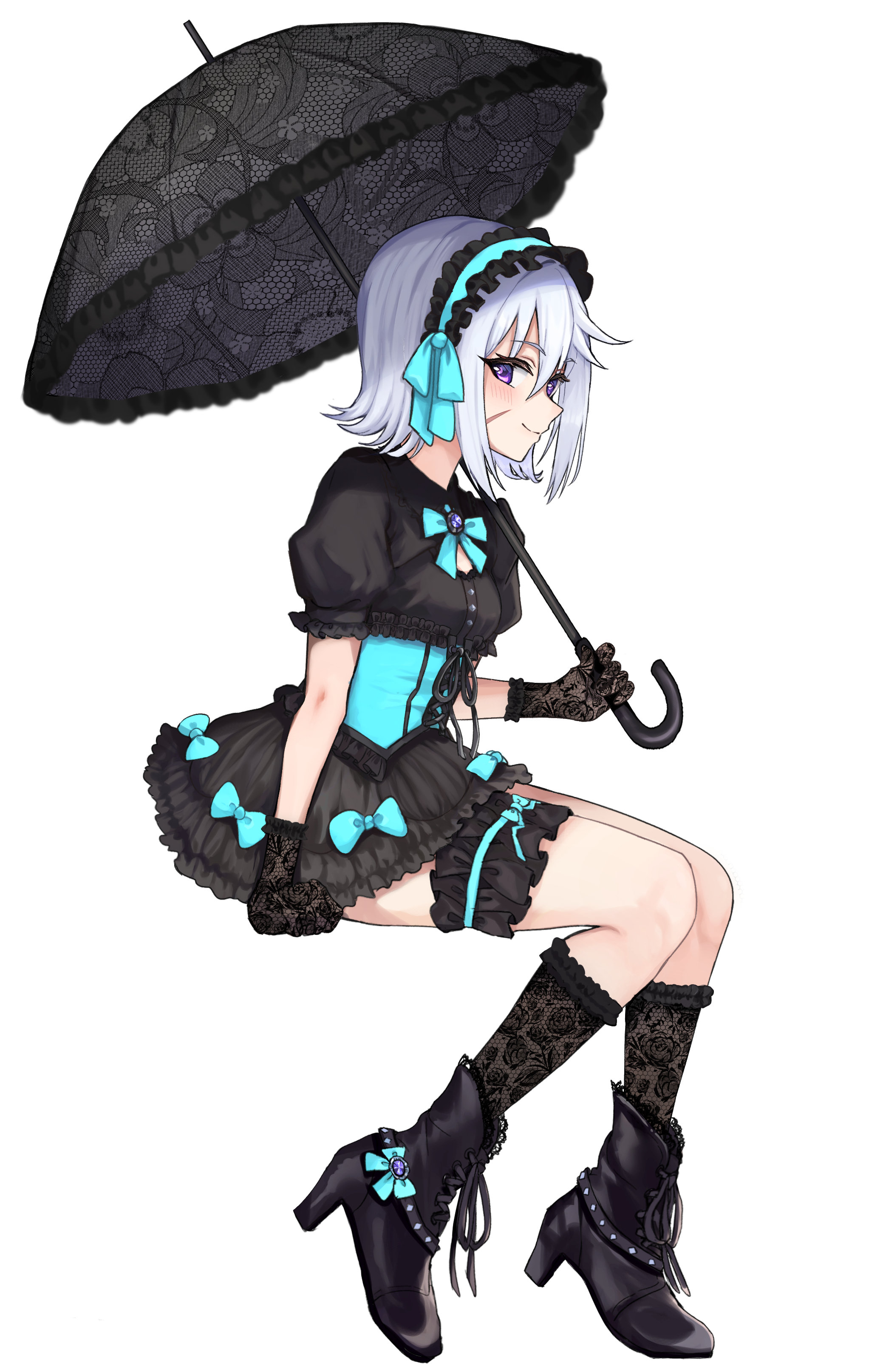 himari ii, chris (konosuba), kono subarashii sekai ni shukufuku wo!, absurdres, commentary, commission, english commentary, highres, second-party source, 1girl, ankle boots, aqua bow, aqua bowtie, aqua corset, aqua hairband, aqua ribbon, black boots, black dress, black gloves, black headdress, black socks, black umbrella, blush, boots, bow, bowtie, breasts, closed mouth, corset, dress, gloves, gothic lolita, hair ribbon, hairband, holding, holding umbrella, lace, lace gloves, lace socks, lace umbrella, lolita fashion, puffy short sleeves, puffy sleeves, purple eyes, ribbon, short hair, short sleeves, simple background, sitting, small breasts, smile, socks, solo, umbrella, white background