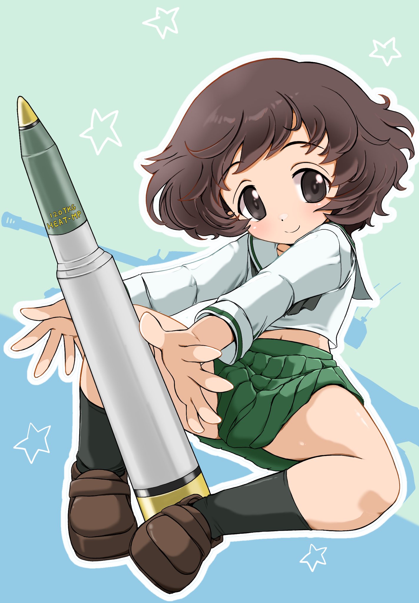 kobawan dam, akiyama yukari, girls und panzer, commentary request, highres, 1girl, black eyes, brown hair, full body, green skirt, loafers, looking at viewer, ooarai school uniform, school uniform, shoes, short hair, skirt, smile, solo, tank shell