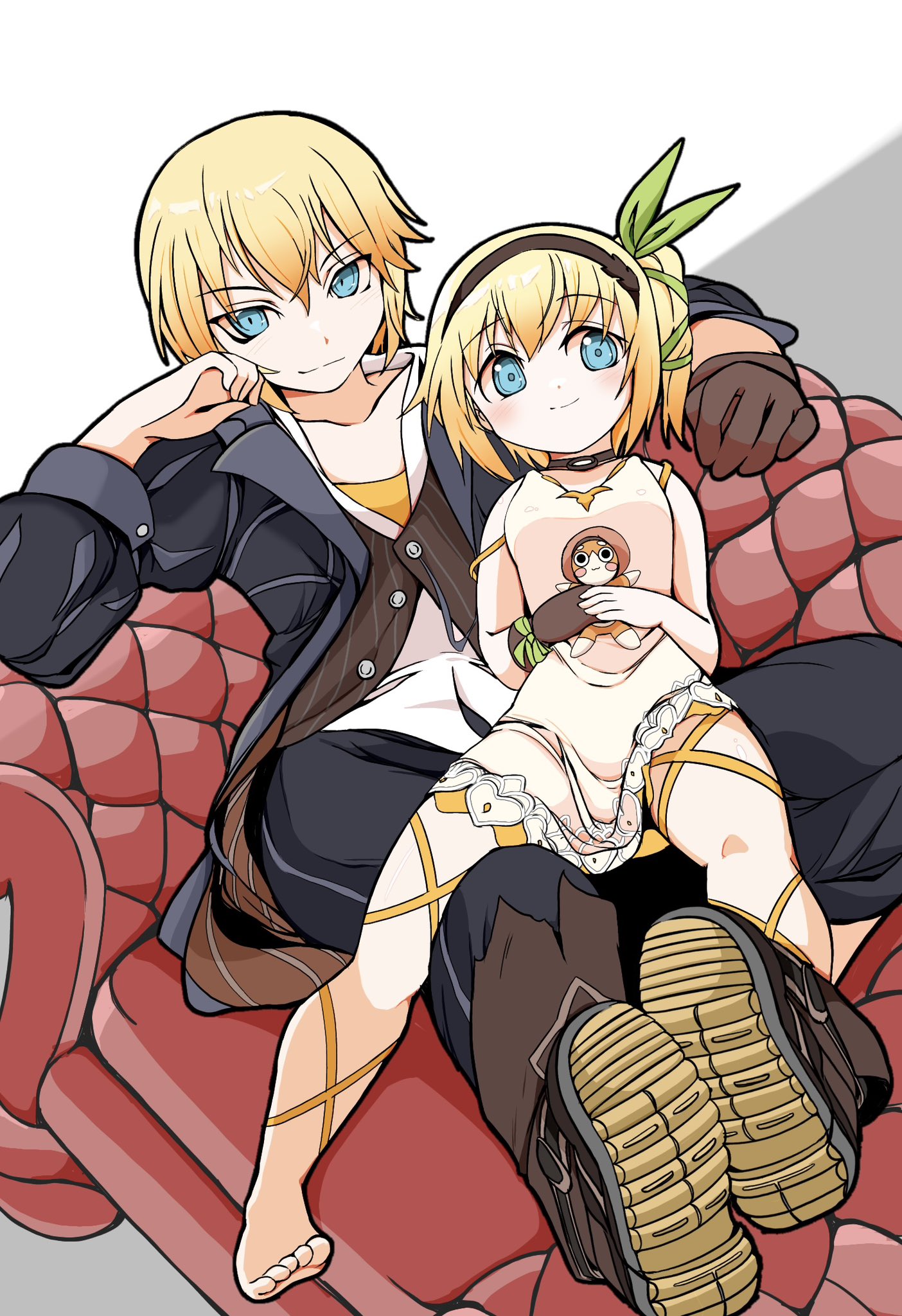 kobawan dam, edna (tales), eizen (tales), tales of (series), tales of berseria, tales of zestiria, commentary request, highres, 1boy, 1girl, barefoot, blonde hair, blue eyes, brother and sister, dress, looking at viewer, short hair, siblings, sitting, sitting on lap, sitting on person, smile
