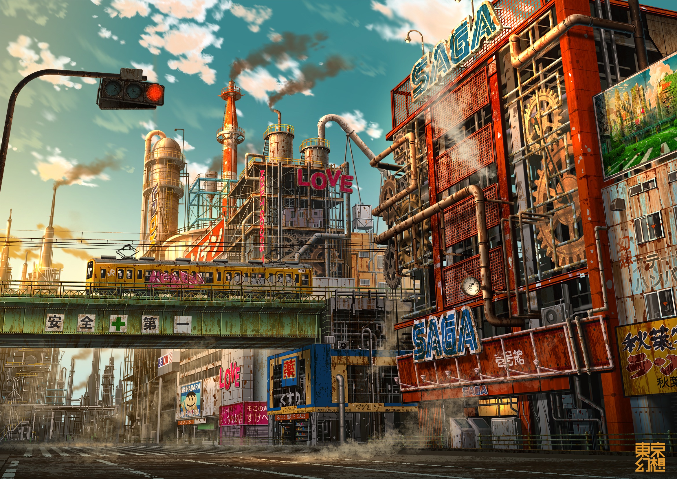 tokyogenso, original, commentary request, highres, photoshop (medium), 2019, akihabara (tokyo), artist name, blue sky, building, city, cityscape, cloud, cloudy sky, crosswalk, day, drainpipe, elevated railway, fantasy, graffiti, multi-lane road, multiple unit train, no humans, outdoors, road, scenery, sky, smoke, steampunk, street, tokyo (city), train