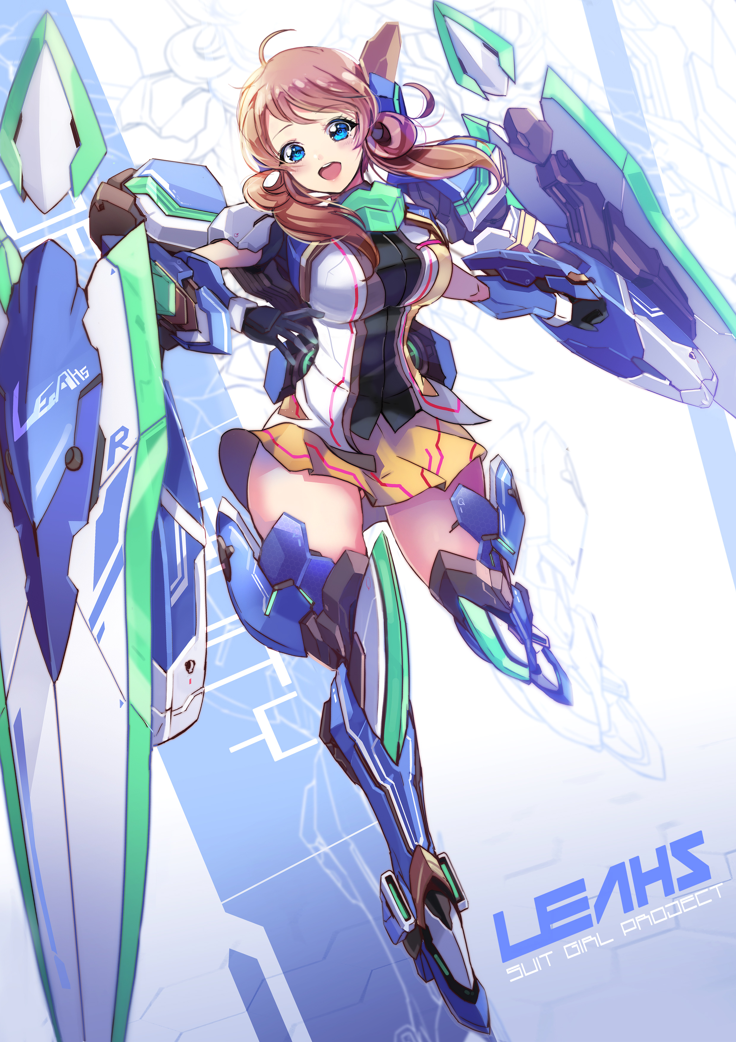 kai (master of eternity), master of eternity, absurdres, bad source, highres, official art, 1girl, :d, ahoge, arm shield, black gloves, black shirt, blue eyes, breasts, brown hair, character name, clenched hand, english text, gloves, gluteal fold, hair ornament, hair rings, head tilt, large breasts, leahs (master of eternity), leg armor, long hair, mecha musume, multicolored shirt, open mouth, outline, shirt, skirt, smile, solo, teeth, thighhighs, thighs, upper teeth only, white shirt, yellow shirt, yellow skirt, zettai ryouiki, zoom layer