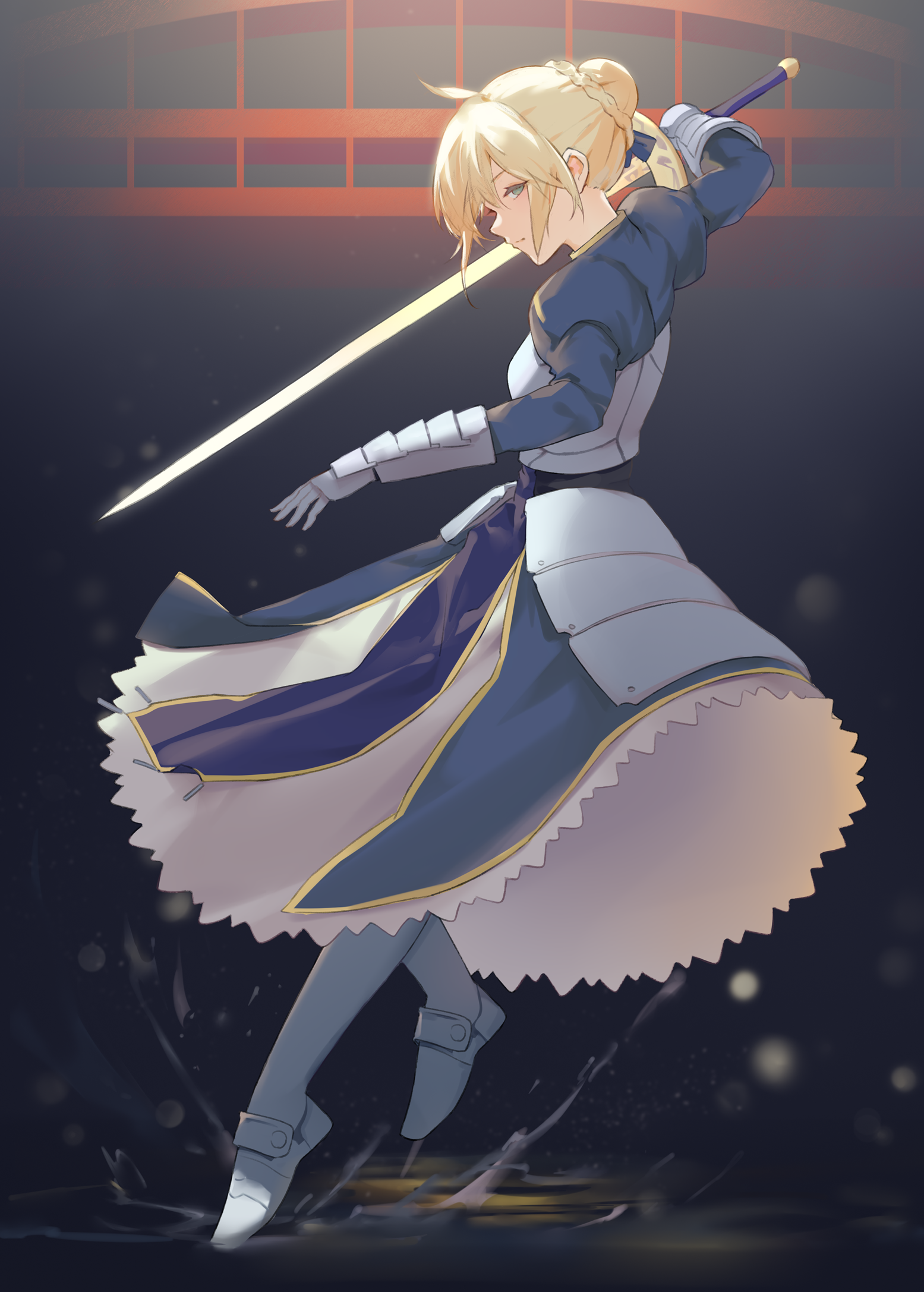vii (joshuayuen), artoria pendragon (fate), saber (fate), fate/stay night, fate (series), commentary request, highres, 1girl, ahoge, blonde hair, blue eyes, boots, braid, braided bun, closed mouth, excalibur (fate/stay night), from side, gauntlets, grey boots, hair bun, looking at viewer, puddle, solo, splashing, sword, weapon