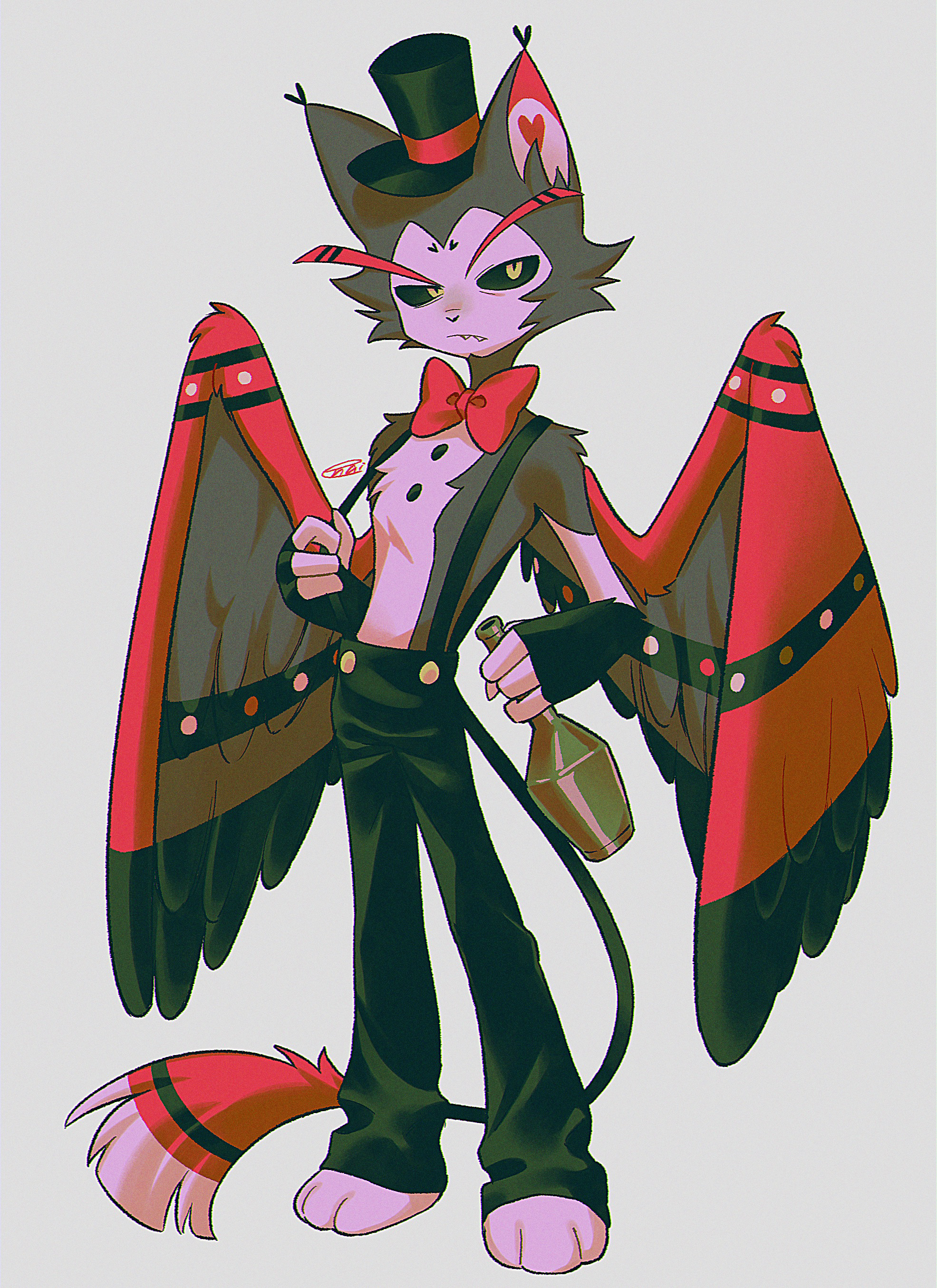 menma (enaic31), husk (hazbin hotel), hazbin hotel, hellaverse, absurdres, commentary request, highres, 1boy, black fur, black hat, black pants, black sclera, black wings, bottle, bow, bowtie, buttons, cat boy, chromatic aberration, closed mouth, colored sclera, feathered wings, fewer digits, film grain, full body, gold buttons, grey background, hat, heart, holding, holding bottle, long hair, looking at viewer, male focus, pants, red bow, red bowtie, red wings, sharp teeth, signature, simple background, solo, standing, suspenders, tail, teeth, top hat, traditional bowtie, two-tone fur, uneven eyes, v-shaped eyebrows, white fur, wings, yellow eyes