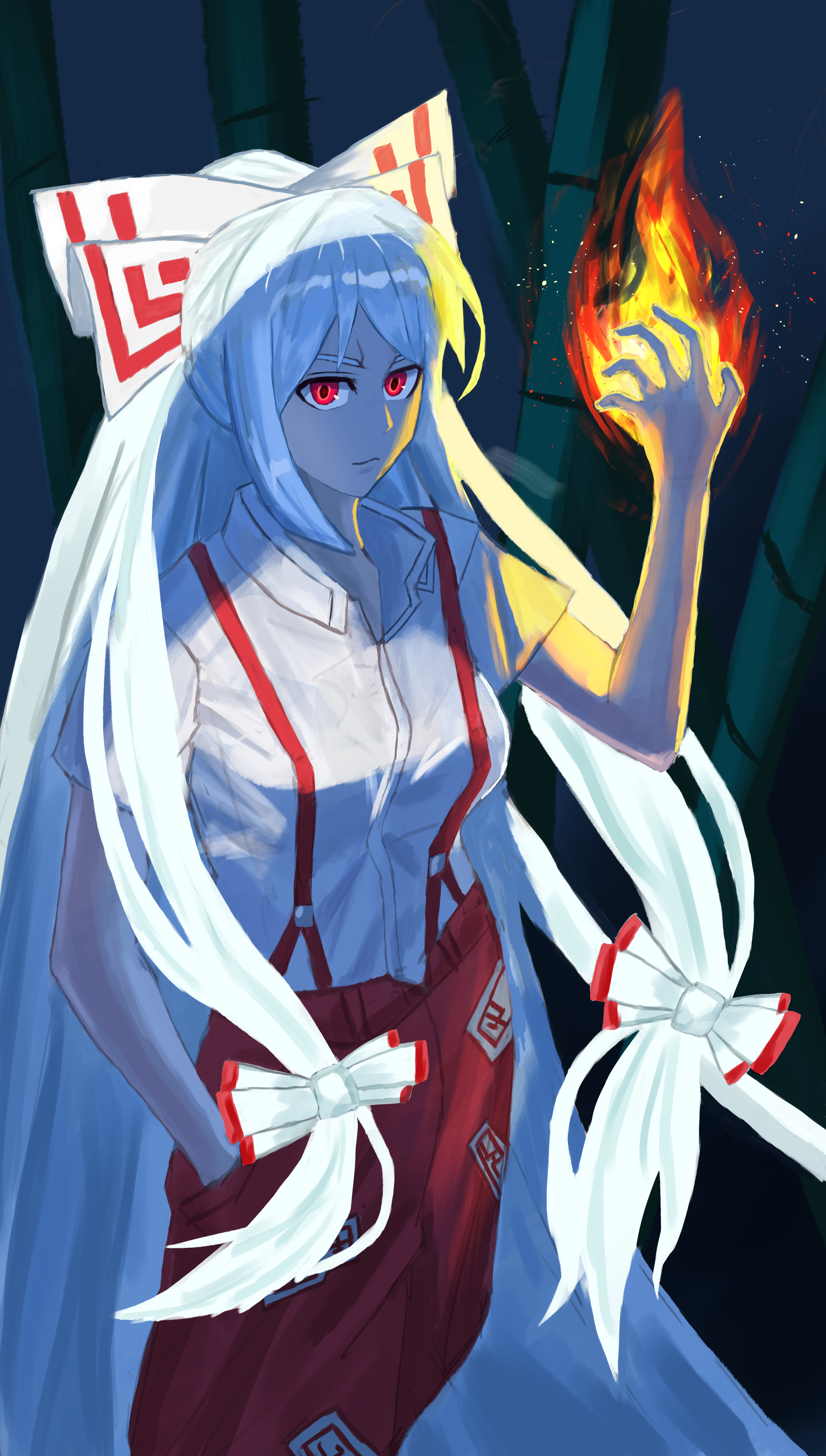 aoyagi 0, fujiwara no mokou, touhou, absurdres, highres, 1girl, bamboo, collared shirt, flaming hand, hair ribbon, long hair, looking at viewer, overalls, red eyes, red overalls, ribbon, shadow, shirt, solo, very long hair, white hair, white shirt