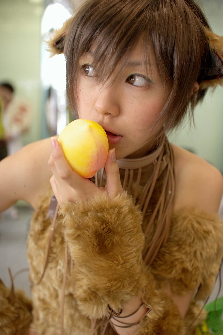 namako, tm revolution, wild rush, fur, photo (medium), 1girl, animal ears, asian, bare shoulders, brown eyes, brown hair, cosplay, dog ears, fake animal ears, female focus, food, fruit, grapes, leaf, matching hair/eyes, peach, short hair, solo