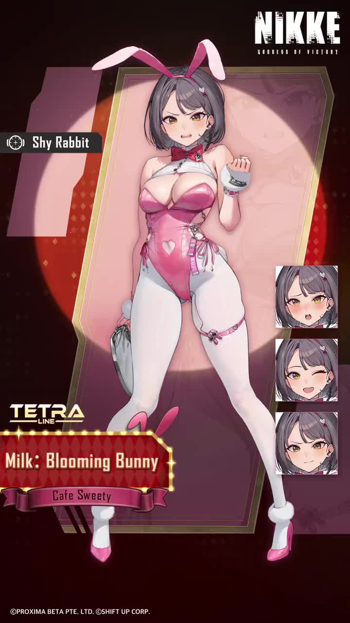 milk (blooming bunny) (nikke), milk (nikke), goddess of victory: nikke, animated, audible speech, english audio, highres, official art, tagme, video, 1girl, animal ears, bare shoulders, black hair, blush, bow, bowtie, breasts, character name, cleavage, covering breasts, covering privates, curvy, disgust, earpiece, embarrassed, fake animal ears, full body, highleg, highleg leotard, large breasts, leotard, looking at viewer, official alternate costume, open mouth, pantyhose, pink leotard, playboy bunny, rabbit ears, red bow, red bowtie, short hair, solo, teeth, thong leotard, upper teeth only, white pantyhose, wide hips, wrist cuffs, yellow eyes