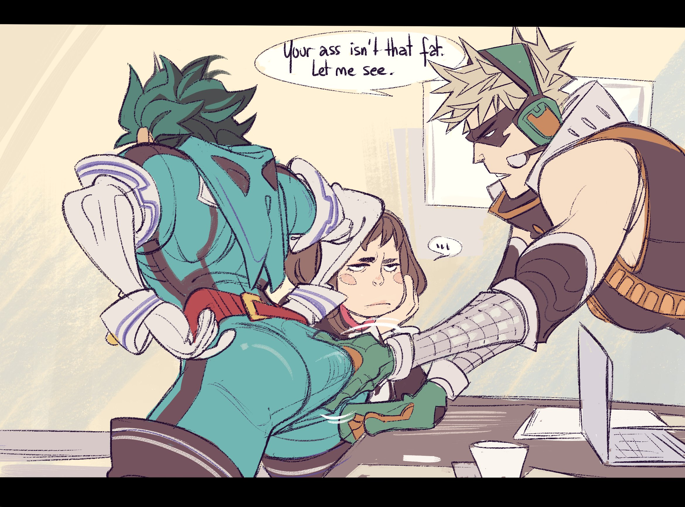 bakugou katsuki, midoriya izuku, uraraka ochako, boku no hero academia, annoyed, ass, bakudeku, blonde hair, brown hair, computer, desk, gloves, grabbing another's ass, green hair, groping, hands on another's ass, huge ass, indoors, laptop, mademoiselleknh, mask, medium hair, meme, messy hair, sitting, spiked hair, standing, superhero costume