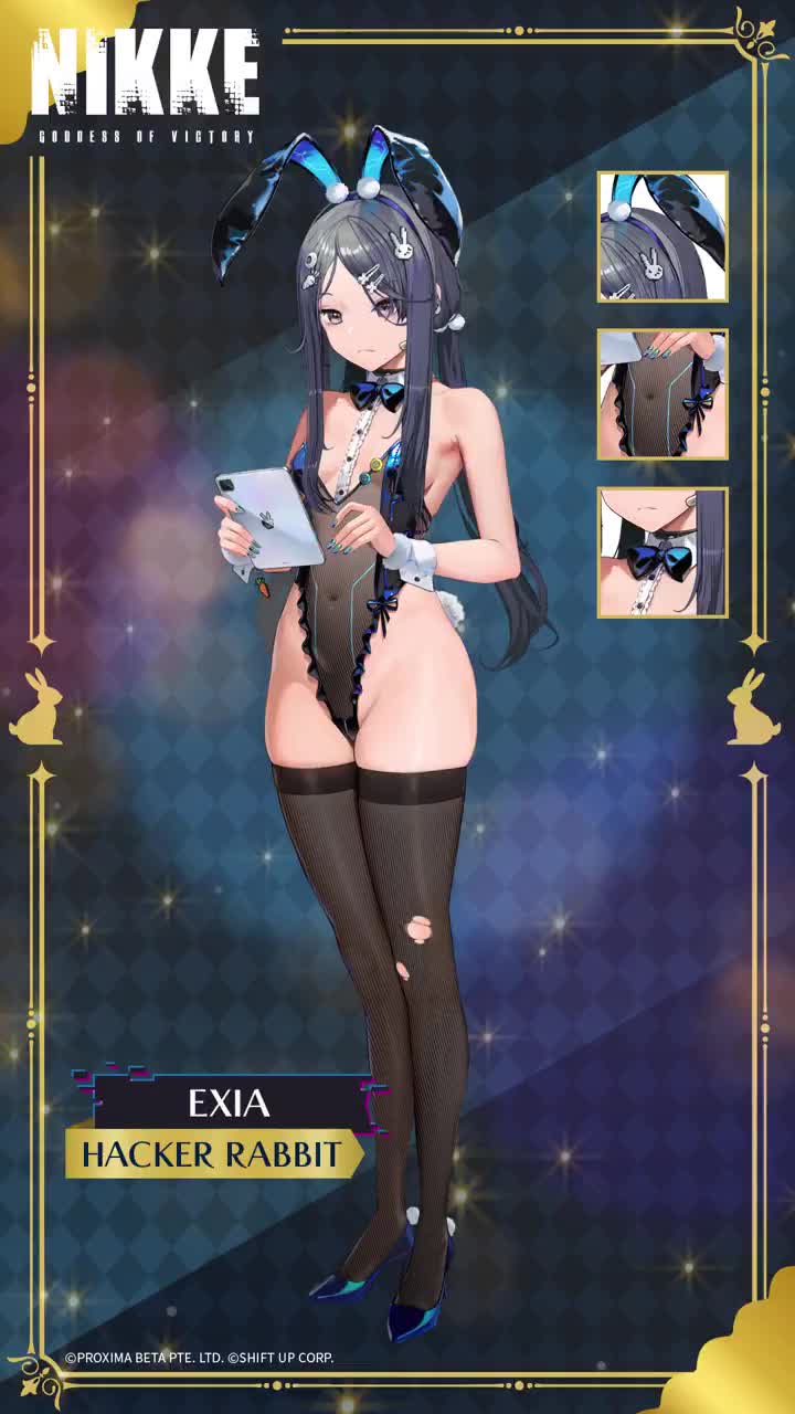 exia (hacker rabbit) (nikke), exia (nikke), goddess of victory: nikke, animated, audible speech, english audio, highres, tagme, video, 1girl, animal ears, bare shoulders, black hair, black thighhighs, blue bow, blue bowtie, blue hair, blush, bow, bowtie, breasts, curvy, earpiece, embarrassed, fake animal ears, fur-trimmed wrist cuffs, hair ornament, hairclip, high heels, highleg, highleg leotard, leotard, long hair, looking at viewer, low twintails, official alternate costume, open mouth, playboy bunny, purple eyes, rabbit ears, rabbit tail, see-through clothes, see-through leotard, sidelocks, simple background, small breasts, solo, tail, thighhighs, twintails, white background, wide hips, wrist cuffs