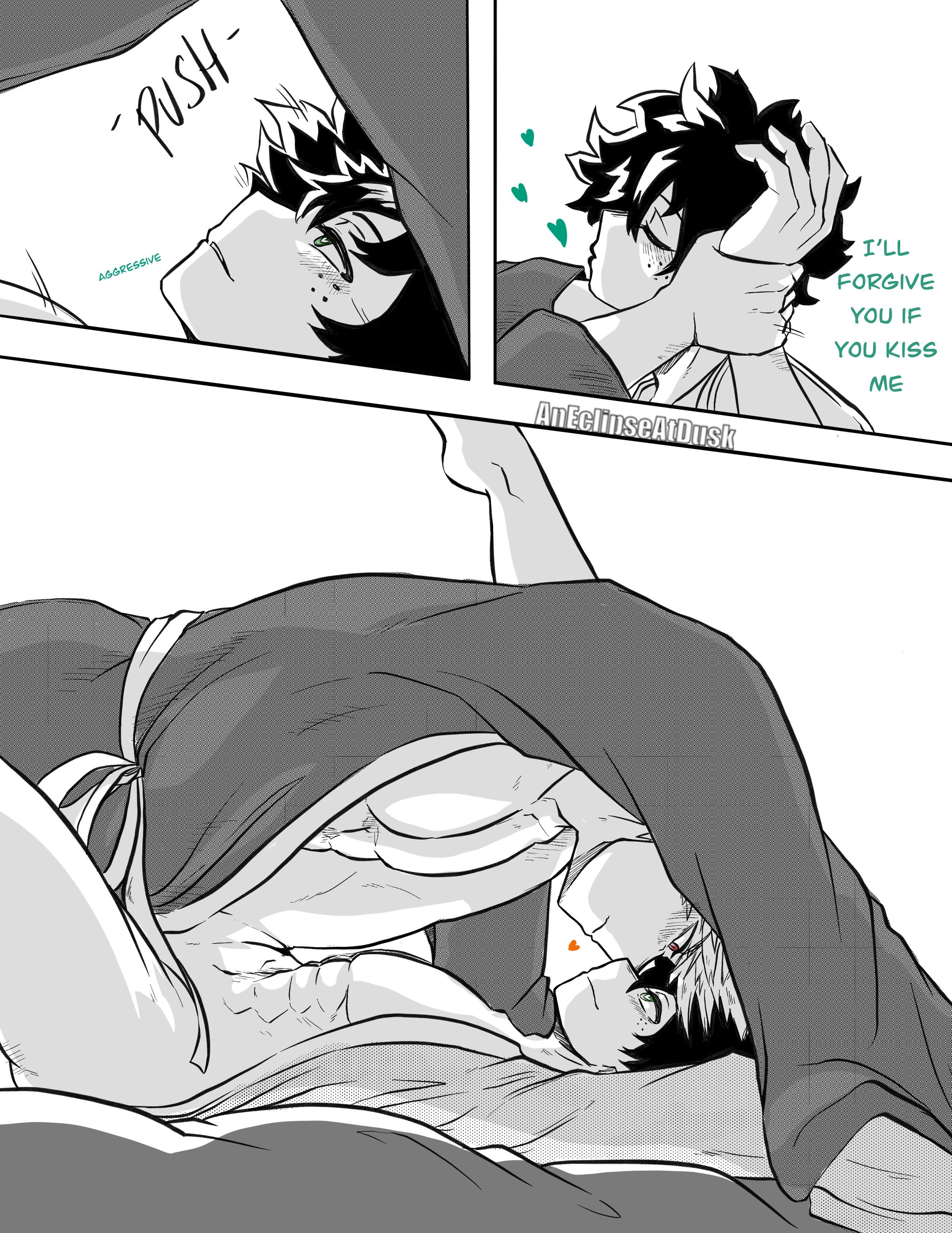 aneclipseatdusk, bakugou katsuki, midoriya izuku, boku no hero academia, 3koma, abs, bakudeku, bed, blush, coat, coat only, comic, completely nude, curly hair, feet, flexible, freckles, inminent sex, kiss, leg up, legs, looking at another, lying, messy hair, nude, on bed, pectorals, sex, spiked hair, toned, yaoi