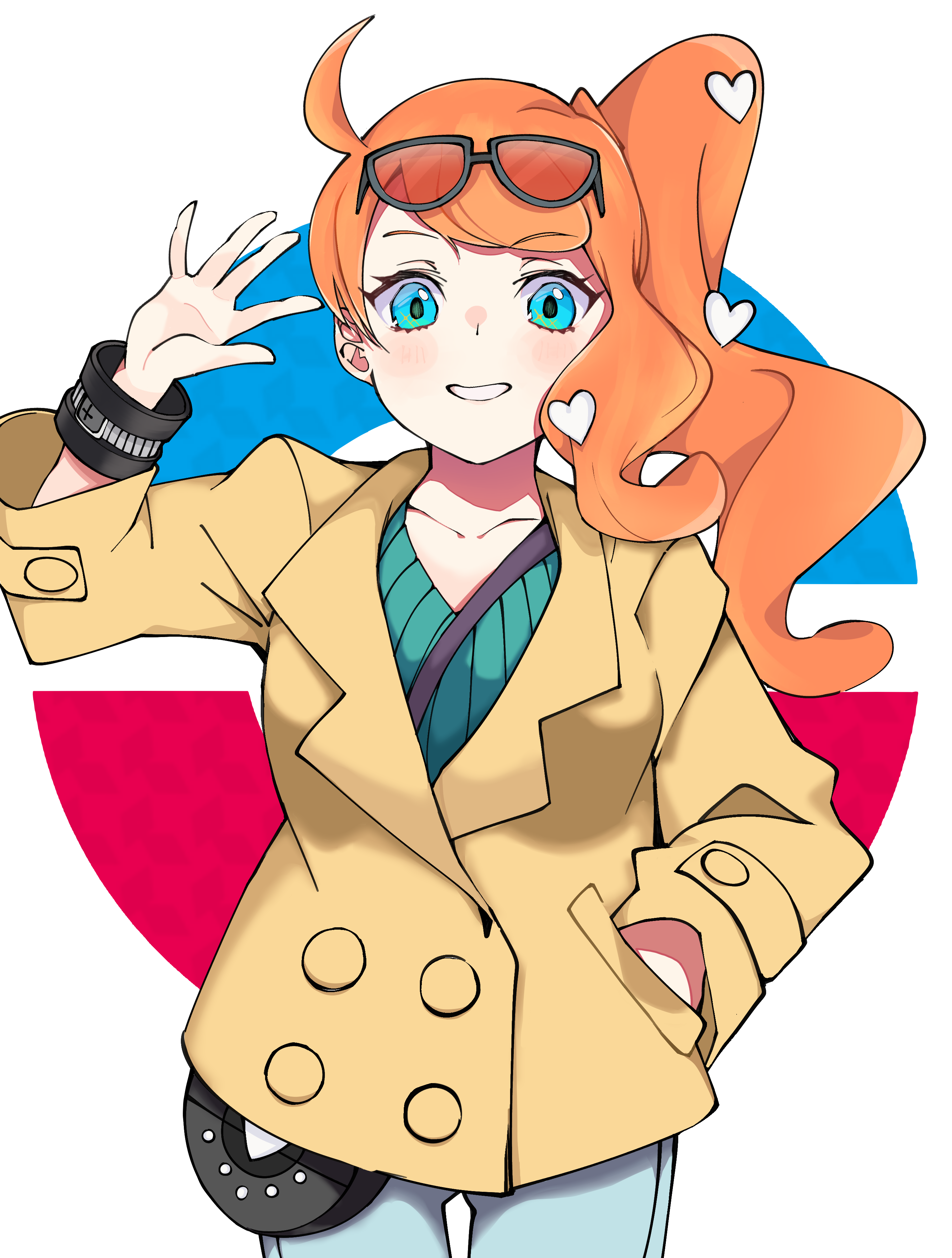 nyokki763, sonia (pokemon), nintendo, pokemon, pokemon swsh, absurdres, highres, 1girl, aqua eyes, aqua shirt, black-framed eyewear, breasts, brown coat, coat, collarbone, denim, eyewear on head, gluteal fold, grin, hair ornament, hand in pocket, hand up, heart, heart hair ornament, jeans, medium breasts, orange-tinted eyewear, orange hair, pants, ribbed shirt, shirt, side ponytail, smile, solo, sunglasses, swept bangs, tinted eyewear, v-neck, wavy hair